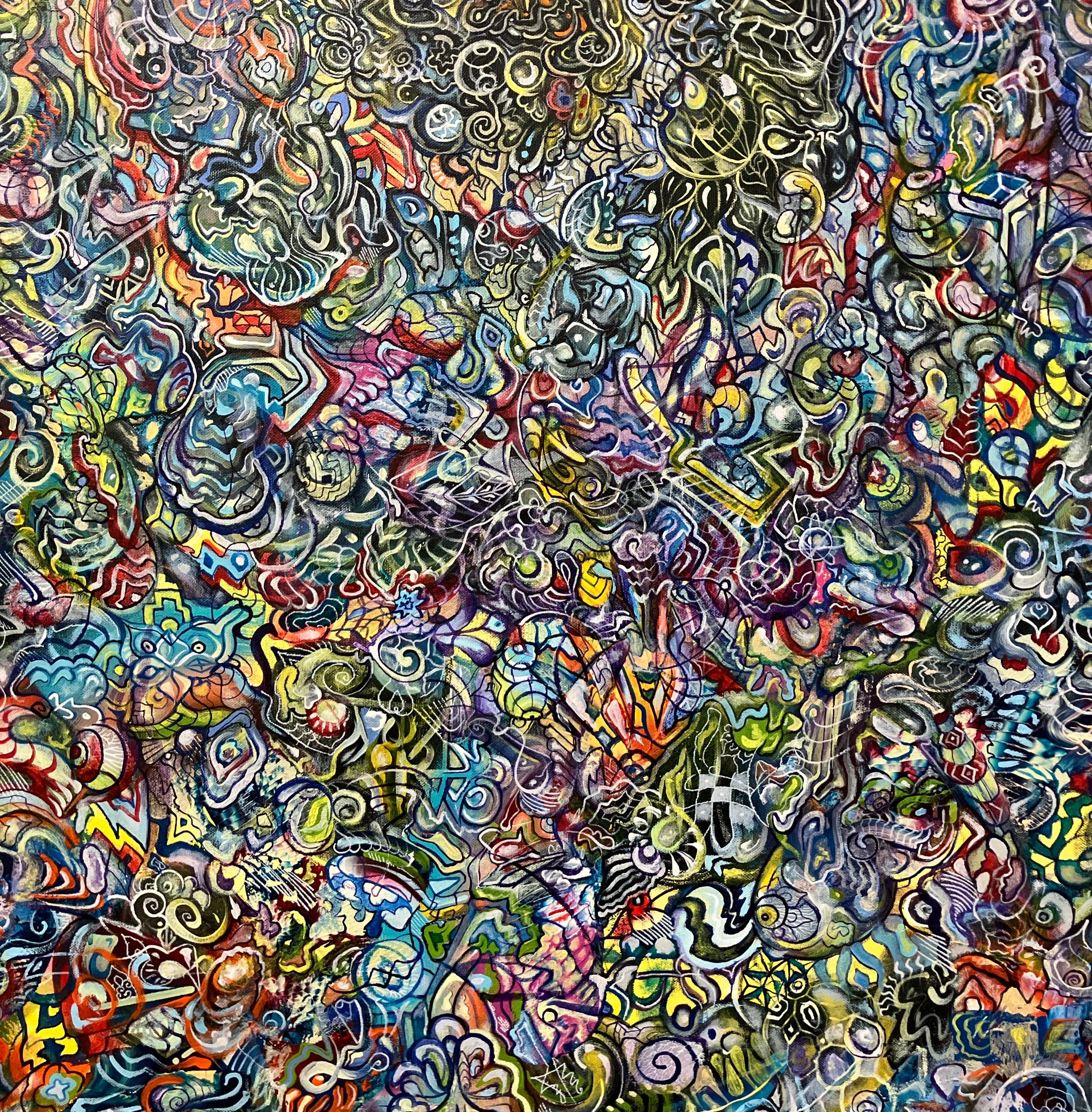 Contemporary Psychedelic Abstract Painting, Canvas, Colorful Patterning, Meyer For Sale 6