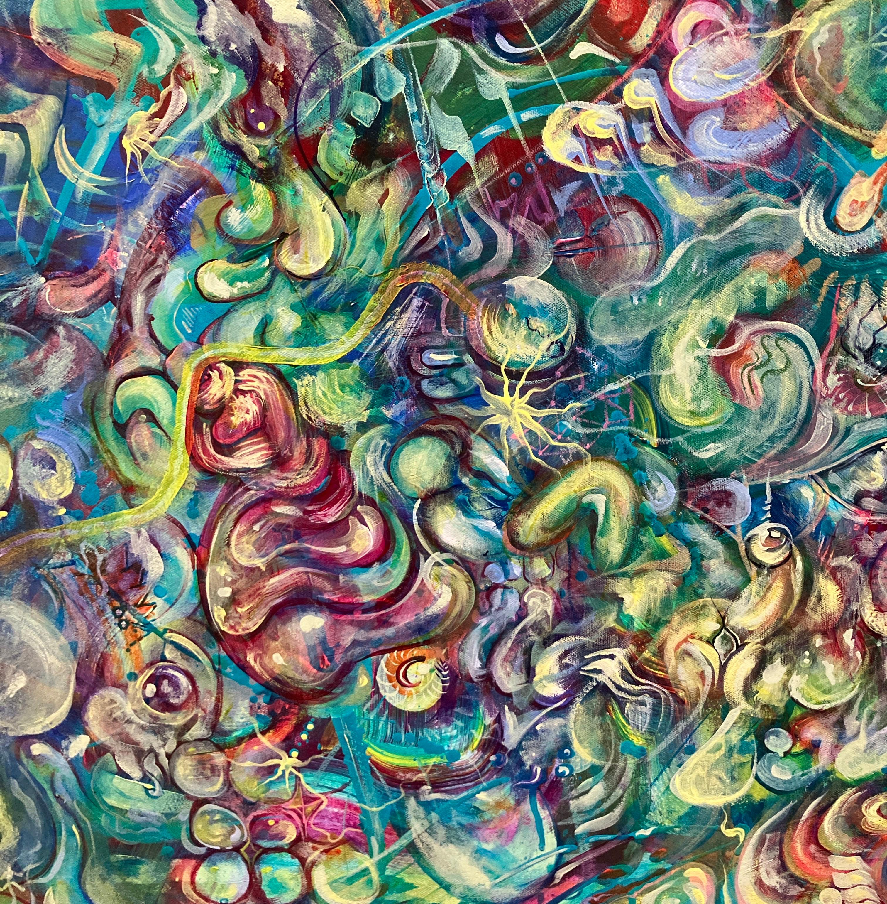 Colorful Abstract Painting, Stretched on Canvas, Unframed, Blues and Greens For Sale 1