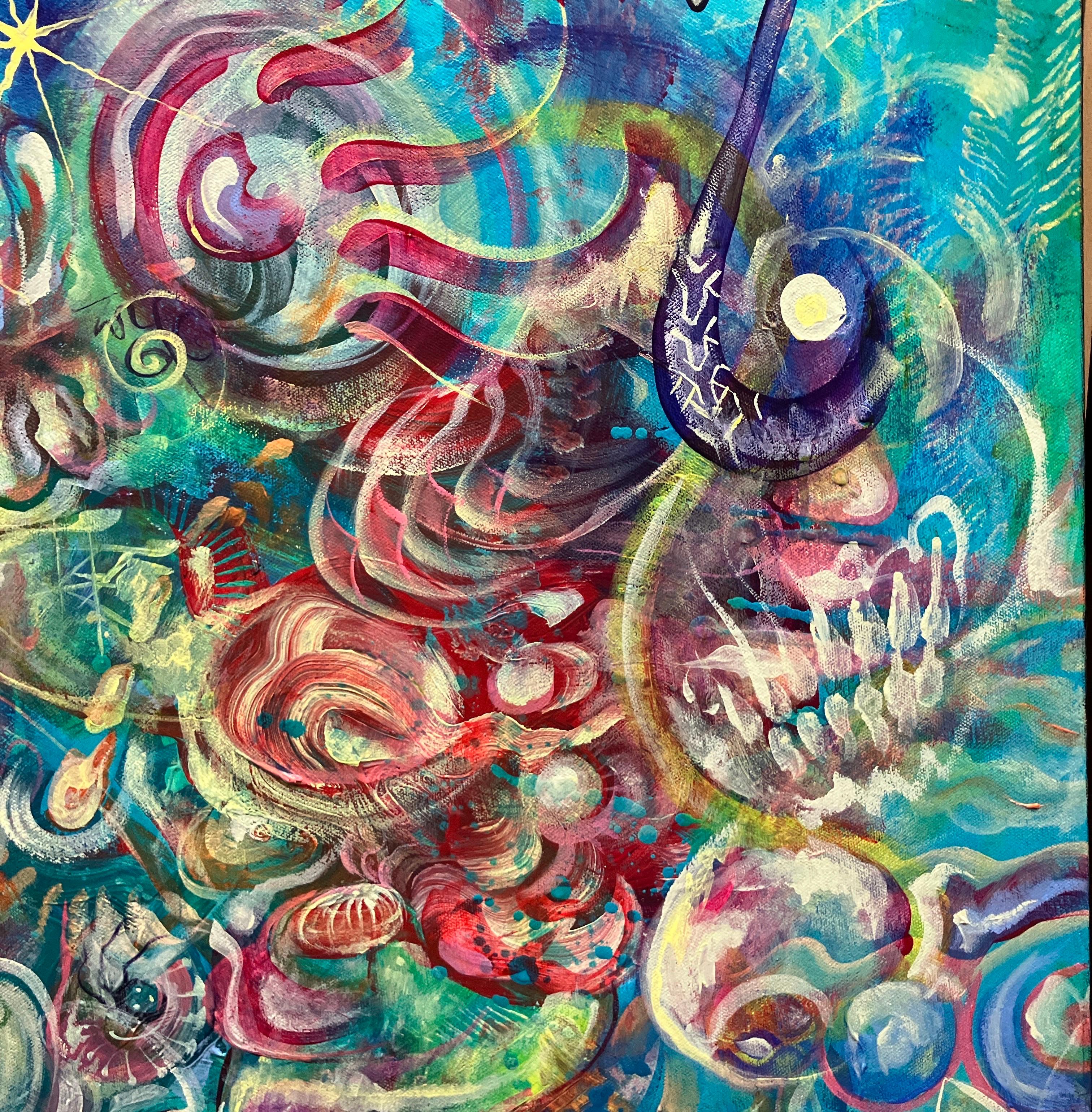 Colorful Abstract Painting, Stretched on Canvas, Unframed, Blues and Greens For Sale 2