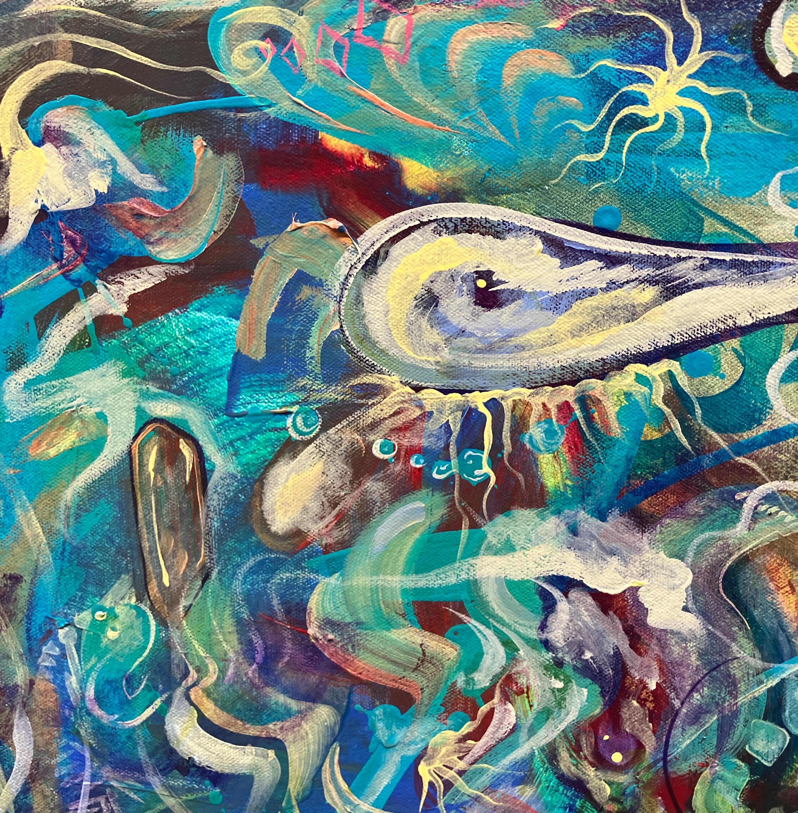 Colorful Abstract Painting, Stretched on Canvas, Unframed, Blues and Greens For Sale 3