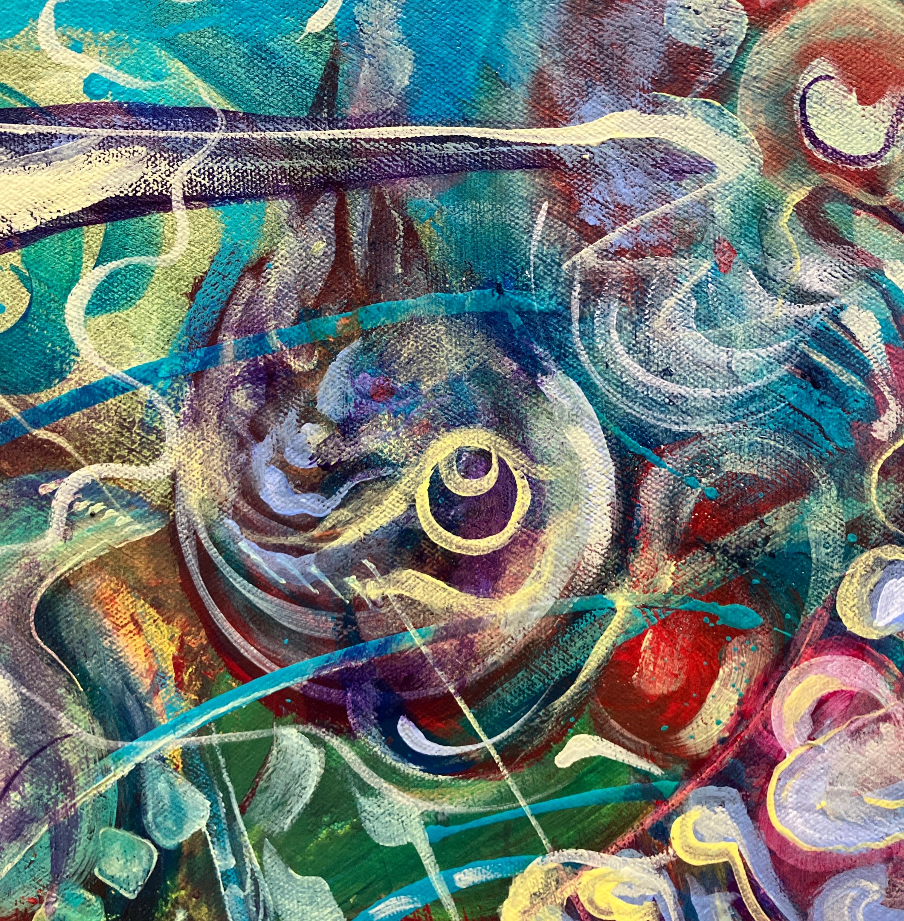 Colorful Abstract Painting, Stretched on Canvas, Unframed, Blues and Greens For Sale 4