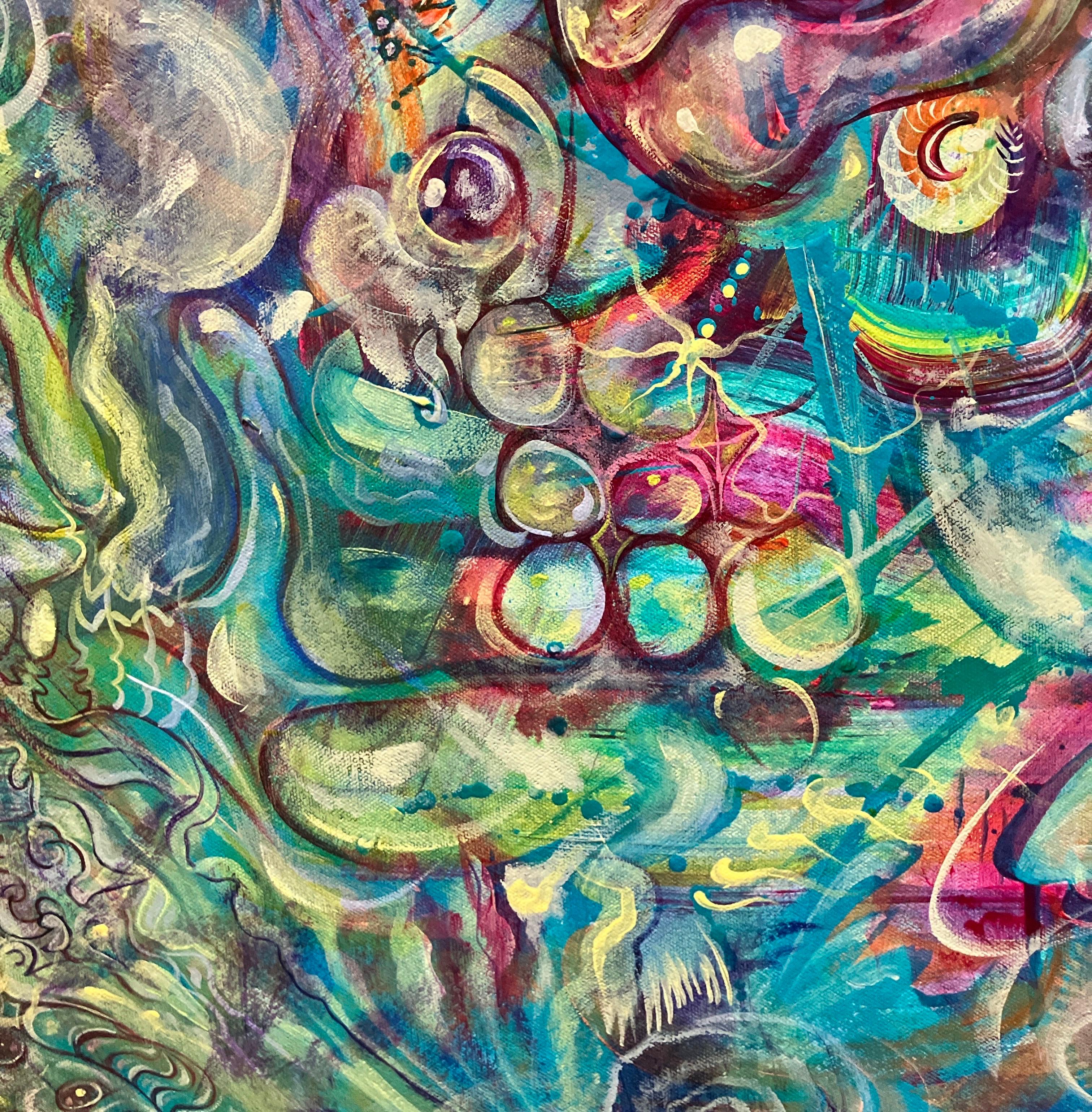 Colorful Abstract Painting, Stretched on Canvas, Unframed, Blues and Greens For Sale 5