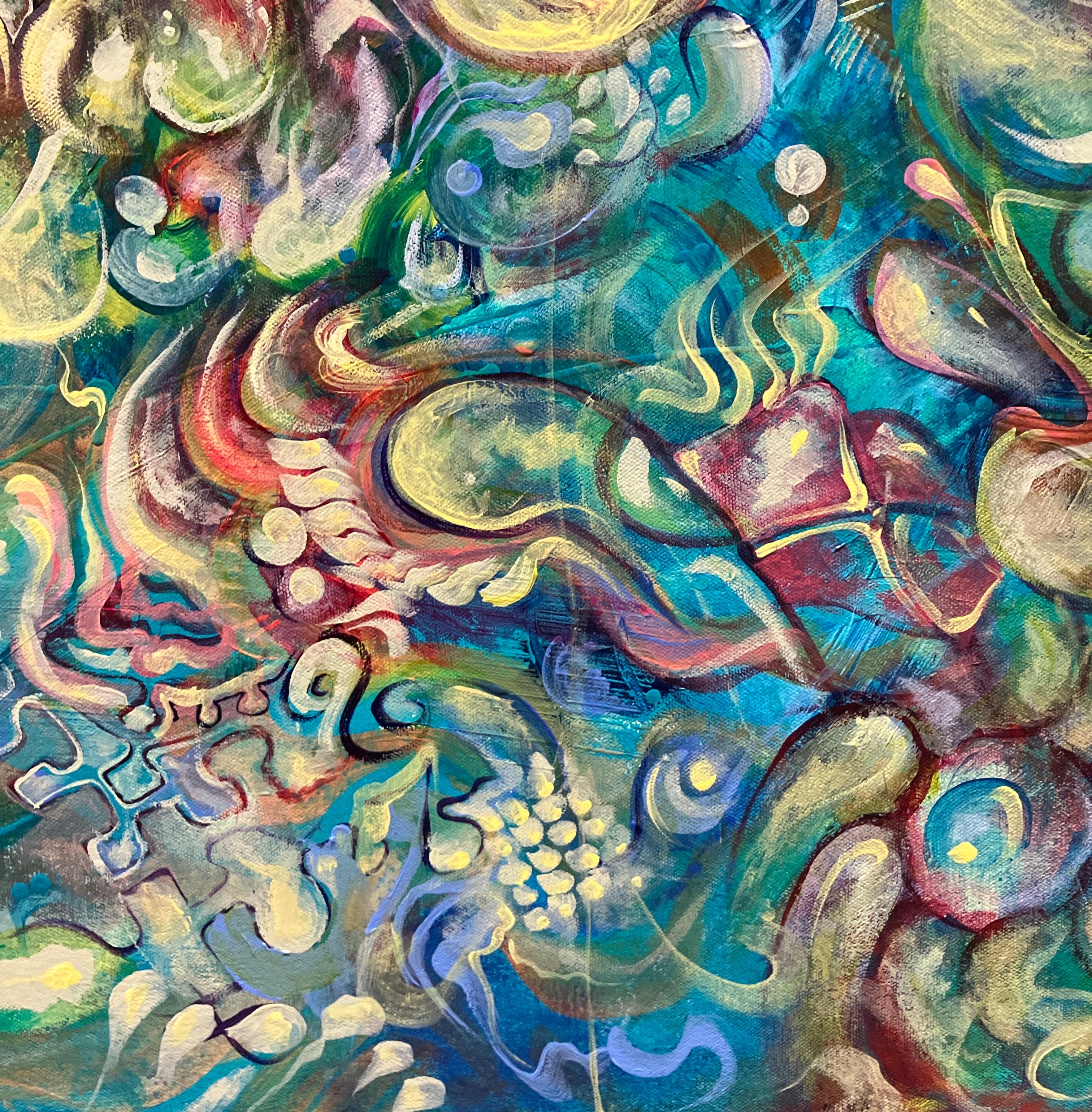 Colorful Abstract Painting, Stretched on Canvas, Unframed, Blues and Greens For Sale 6