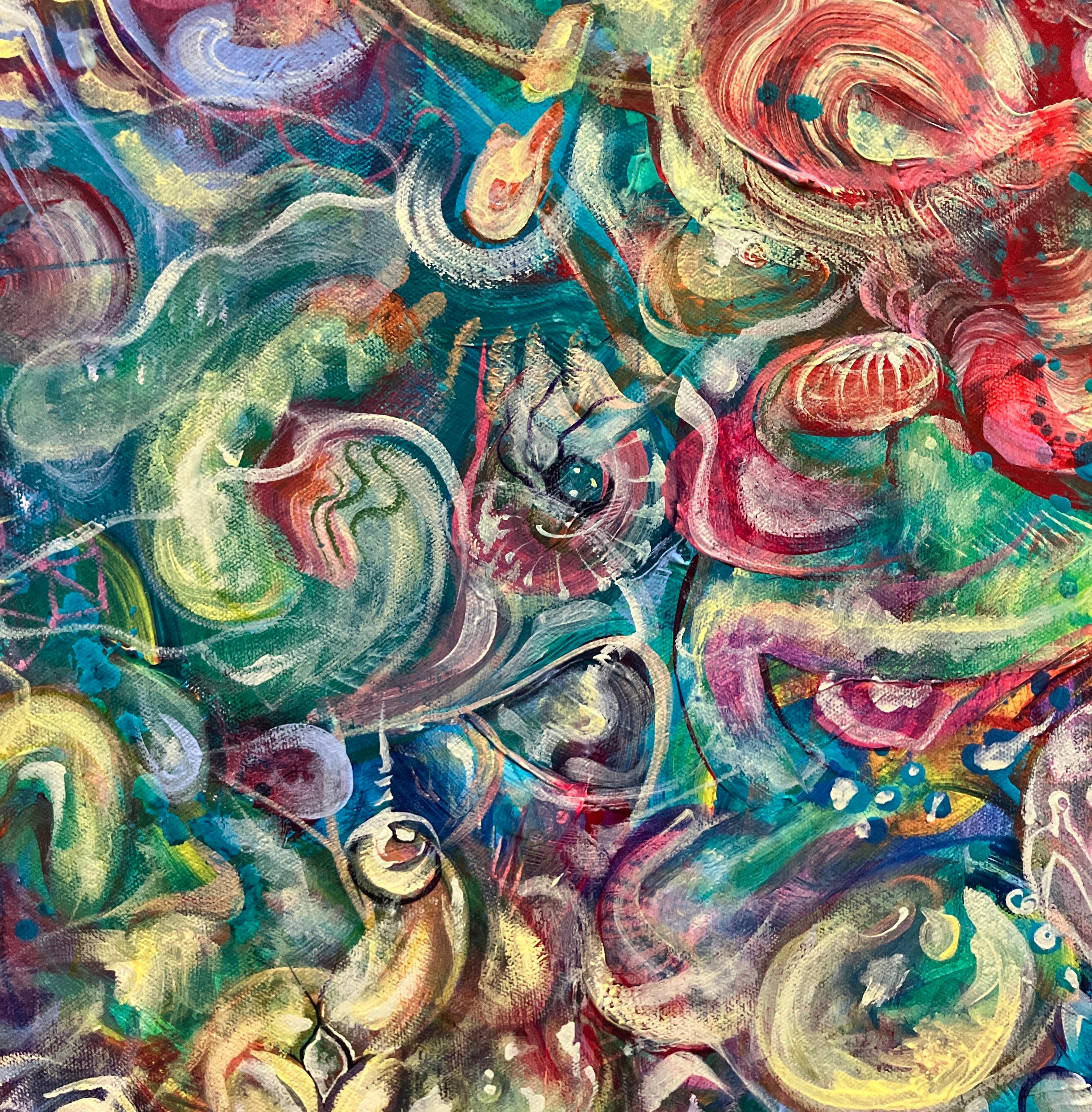 Colorful Abstract Painting, Stretched on Canvas, Unframed, Blues and Greens For Sale 7