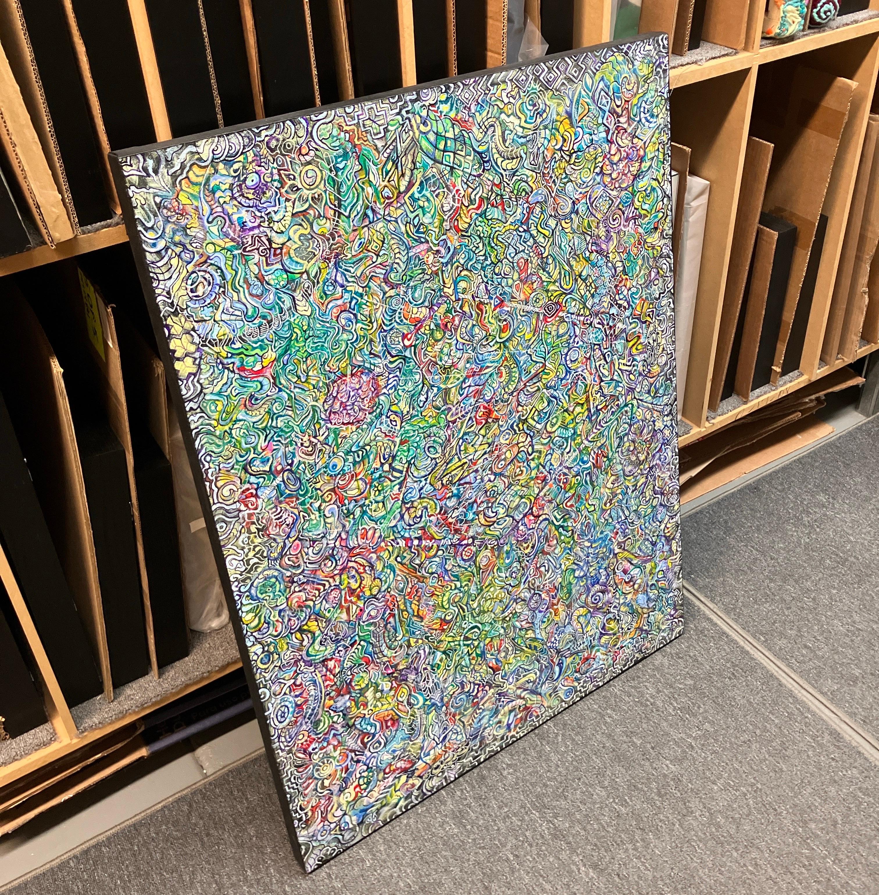 Colorful Abstract Acrylic Painting on Stretched Canvas, Intricate Detail Pattern For Sale 1