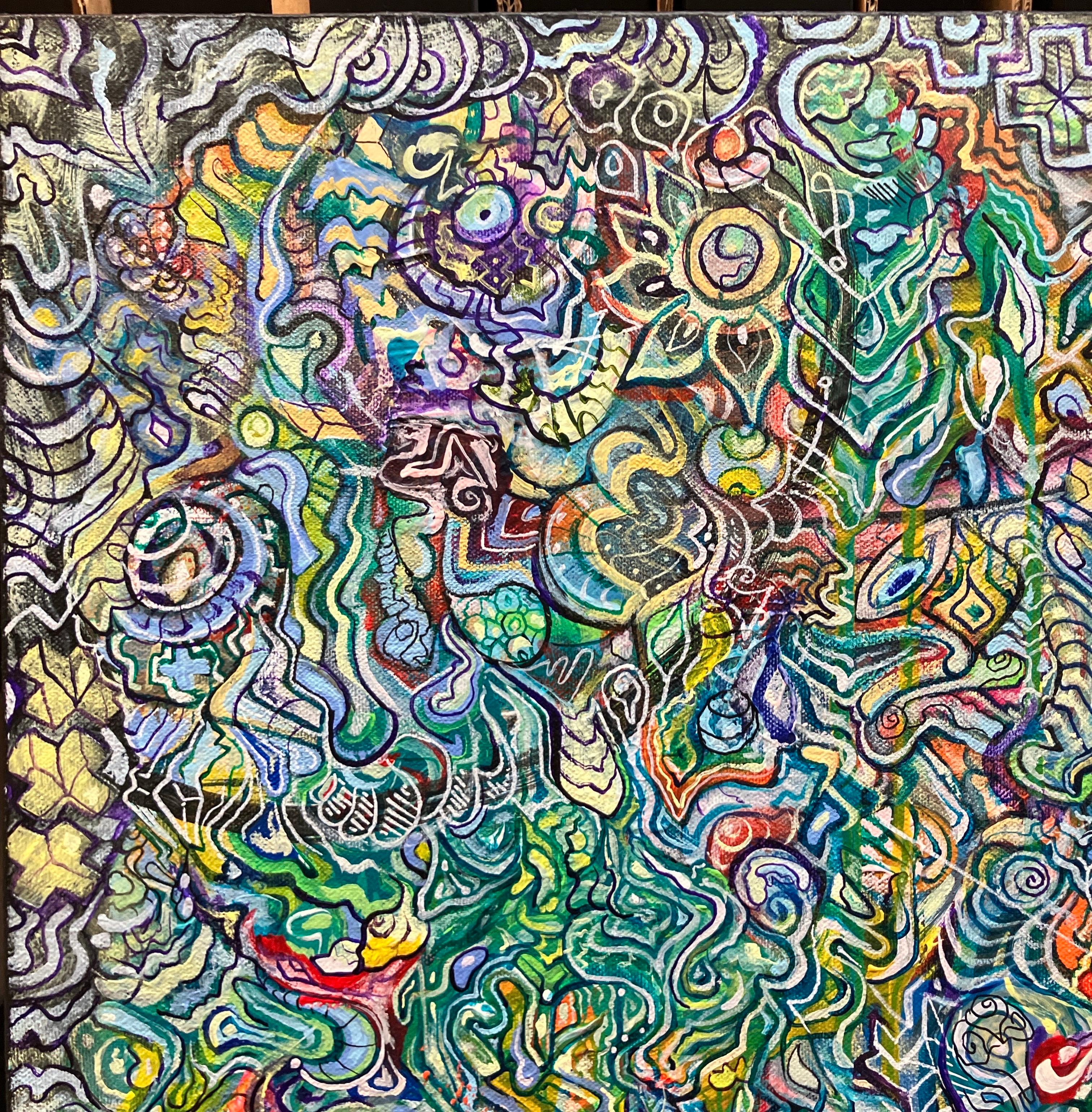 Colorful Abstract Acrylic Painting on Stretched Canvas, Intricate Detail Pattern For Sale 2
