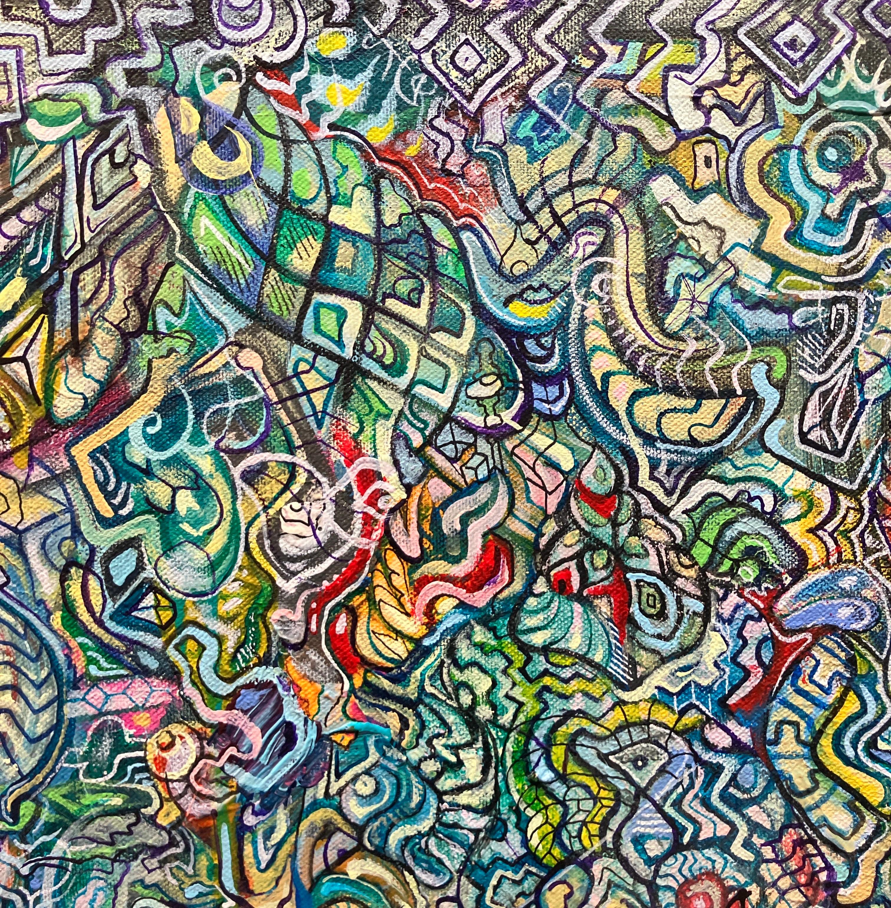 Colorful Abstract Acrylic Painting on Stretched Canvas, Intricate Detail Pattern For Sale 3