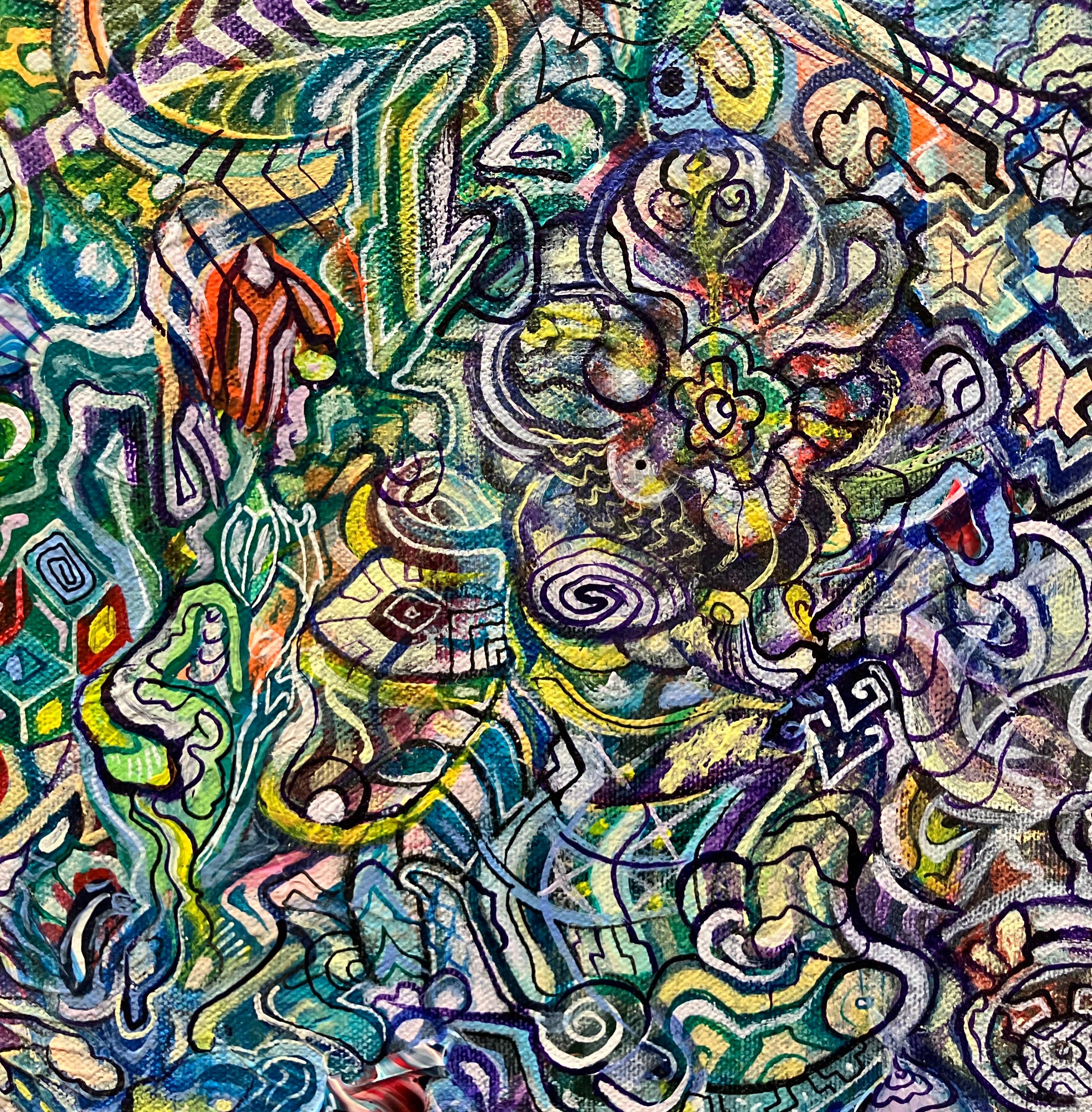 Colorful Abstract Acrylic Painting on Stretched Canvas, Intricate Detail Pattern For Sale 4