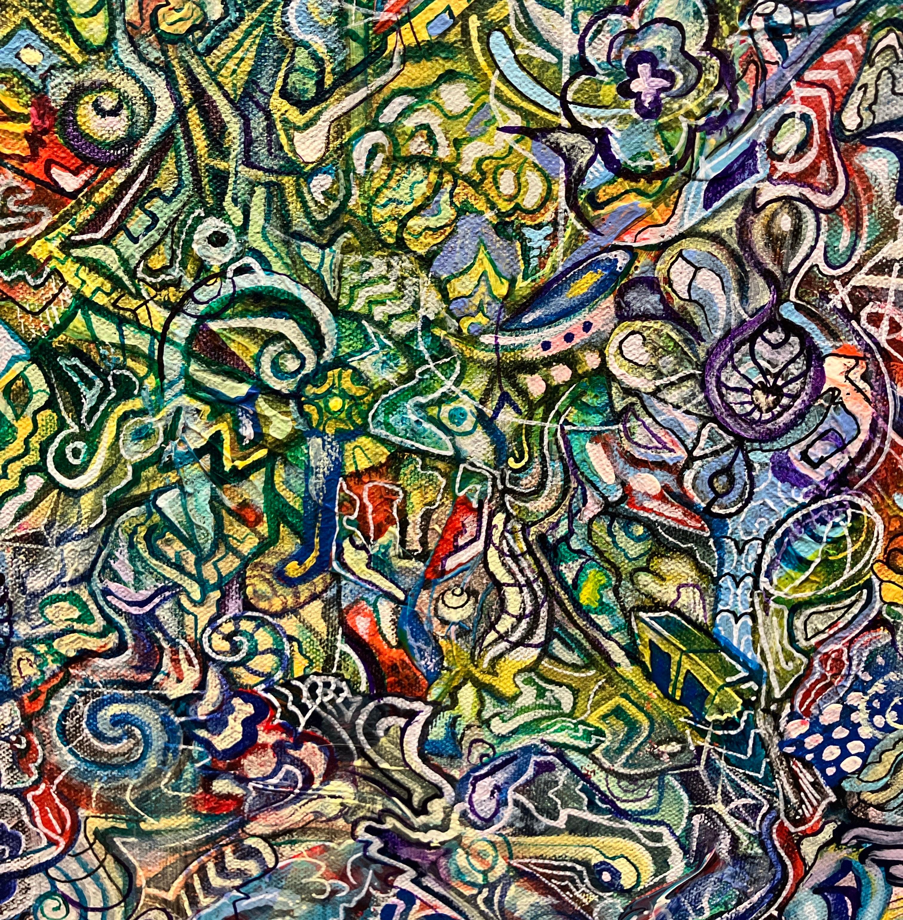 Colorful Abstract Acrylic Painting on Stretched Canvas, Intricate Detail Pattern For Sale 5