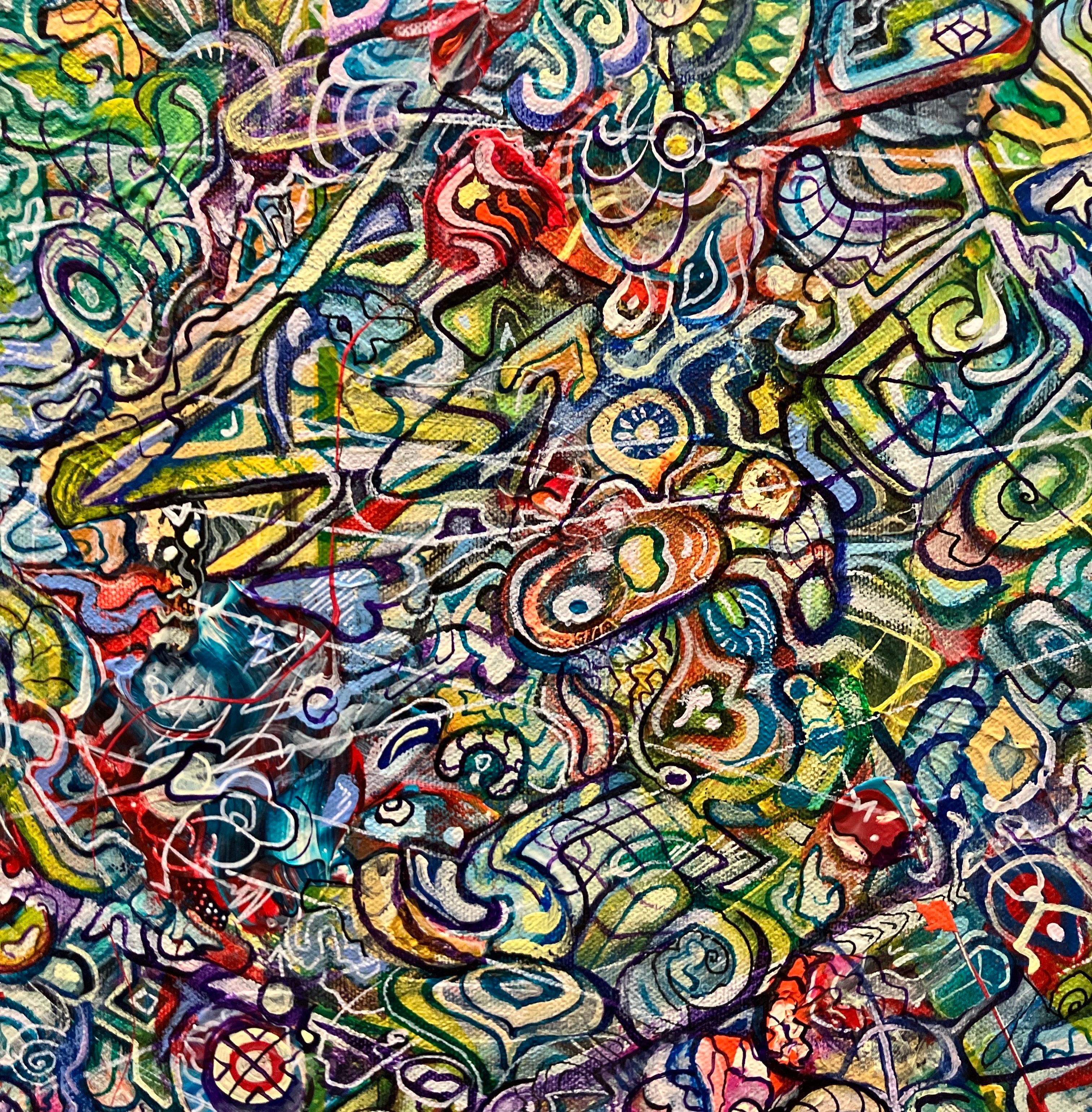 Colorful Abstract Acrylic Painting on Stretched Canvas, Intricate Detail Pattern For Sale 6