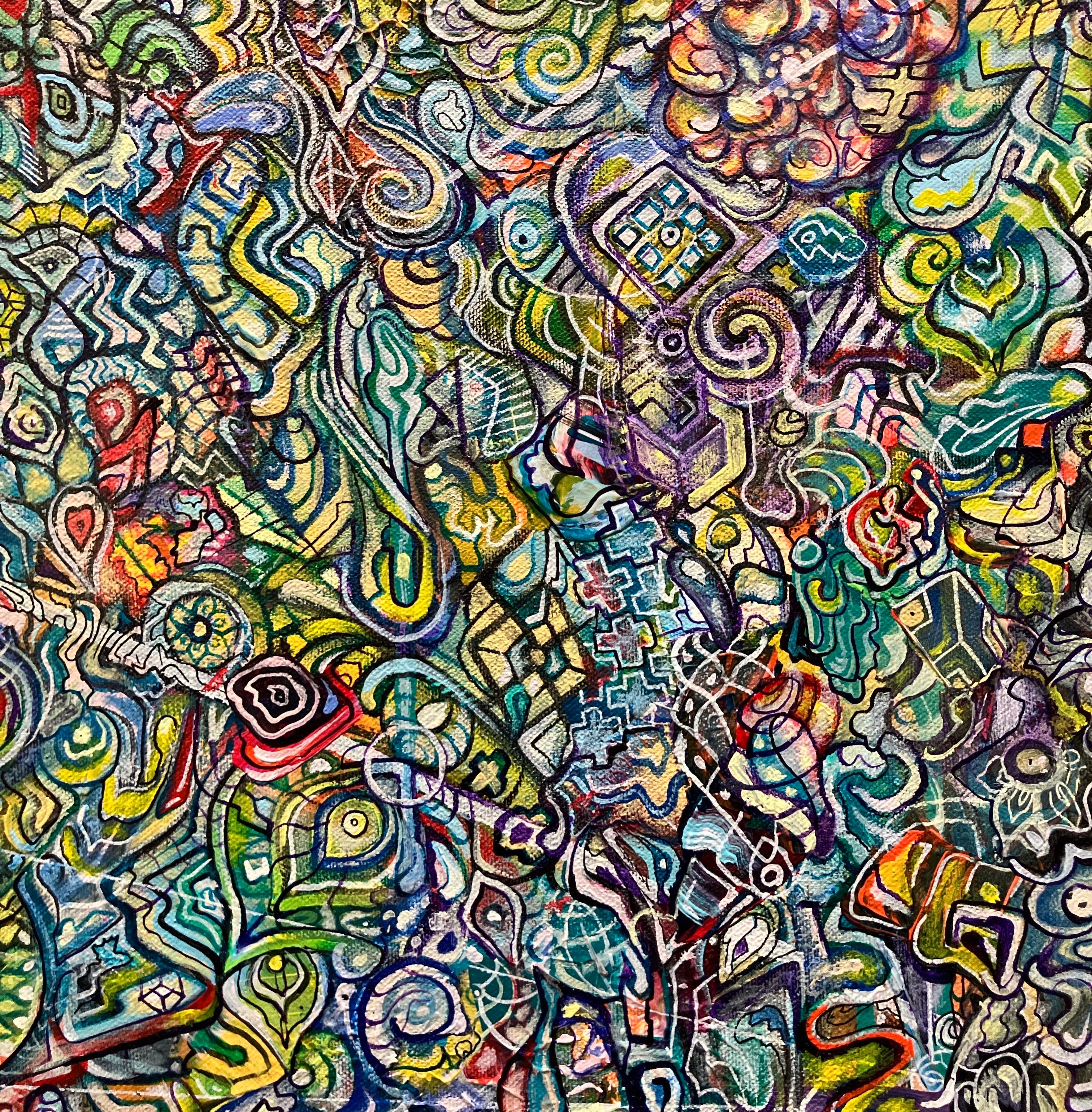 Colorful Abstract Acrylic Painting on Stretched Canvas, Intricate Detail Pattern For Sale 7