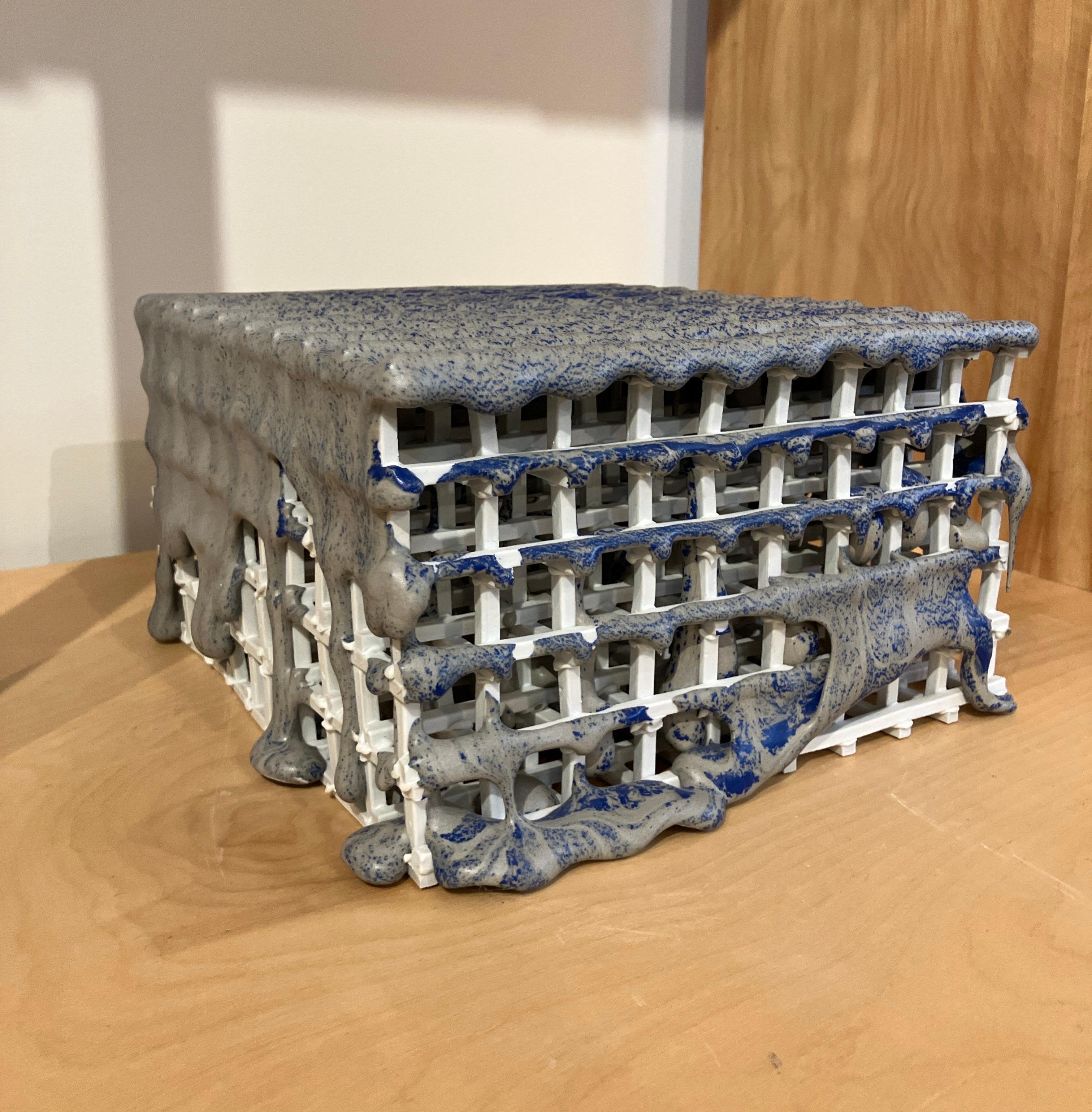 Contemporary Architectural Sculpture, Glazed Ceramic, Porcelain, Blue, Structure - Gray Abstract Sculpture by Peter Johnson