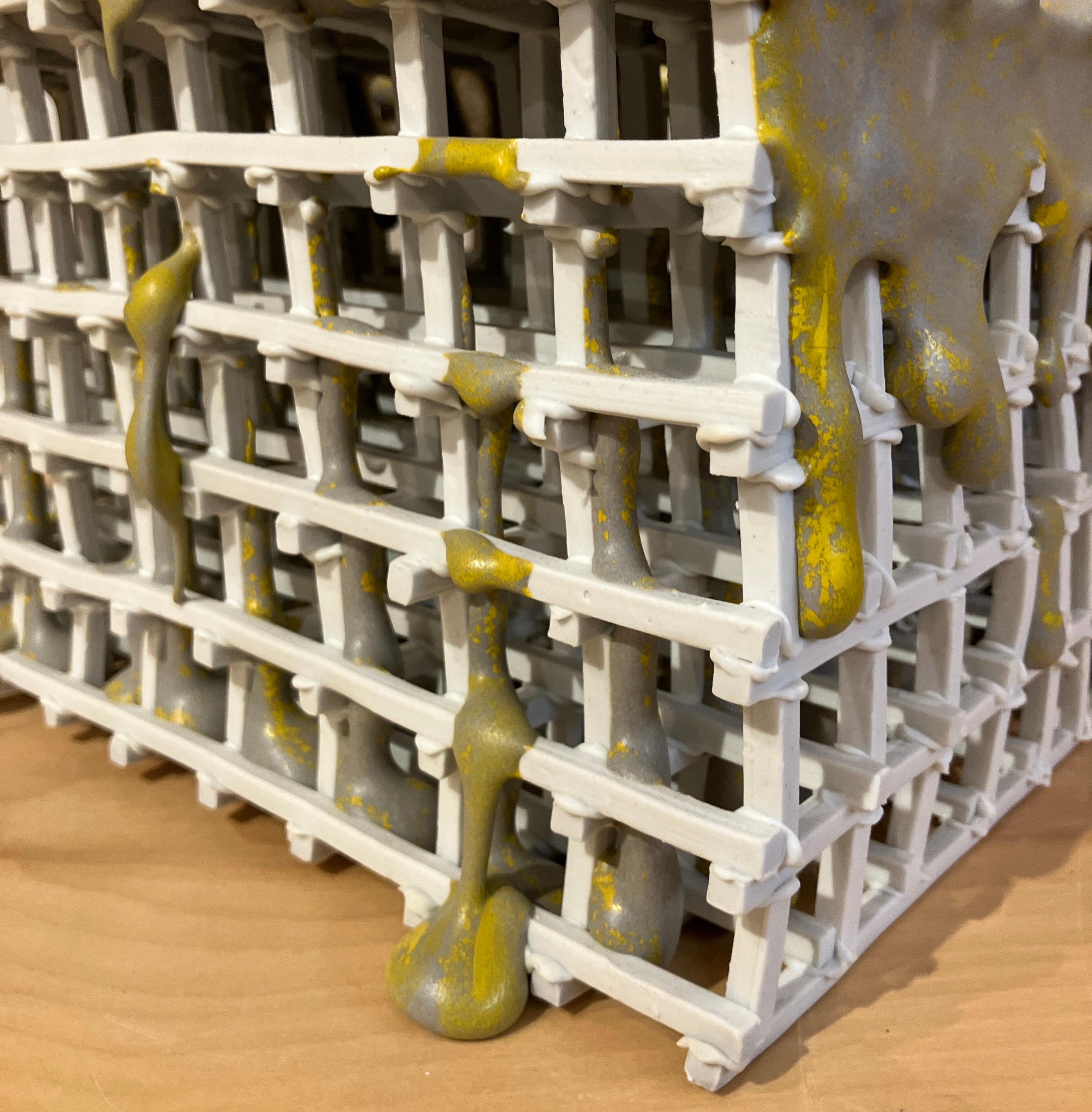 Contemporary Porcelain Sculpture, Glazed Ceramic, Architectural Design, Yellow For Sale 3