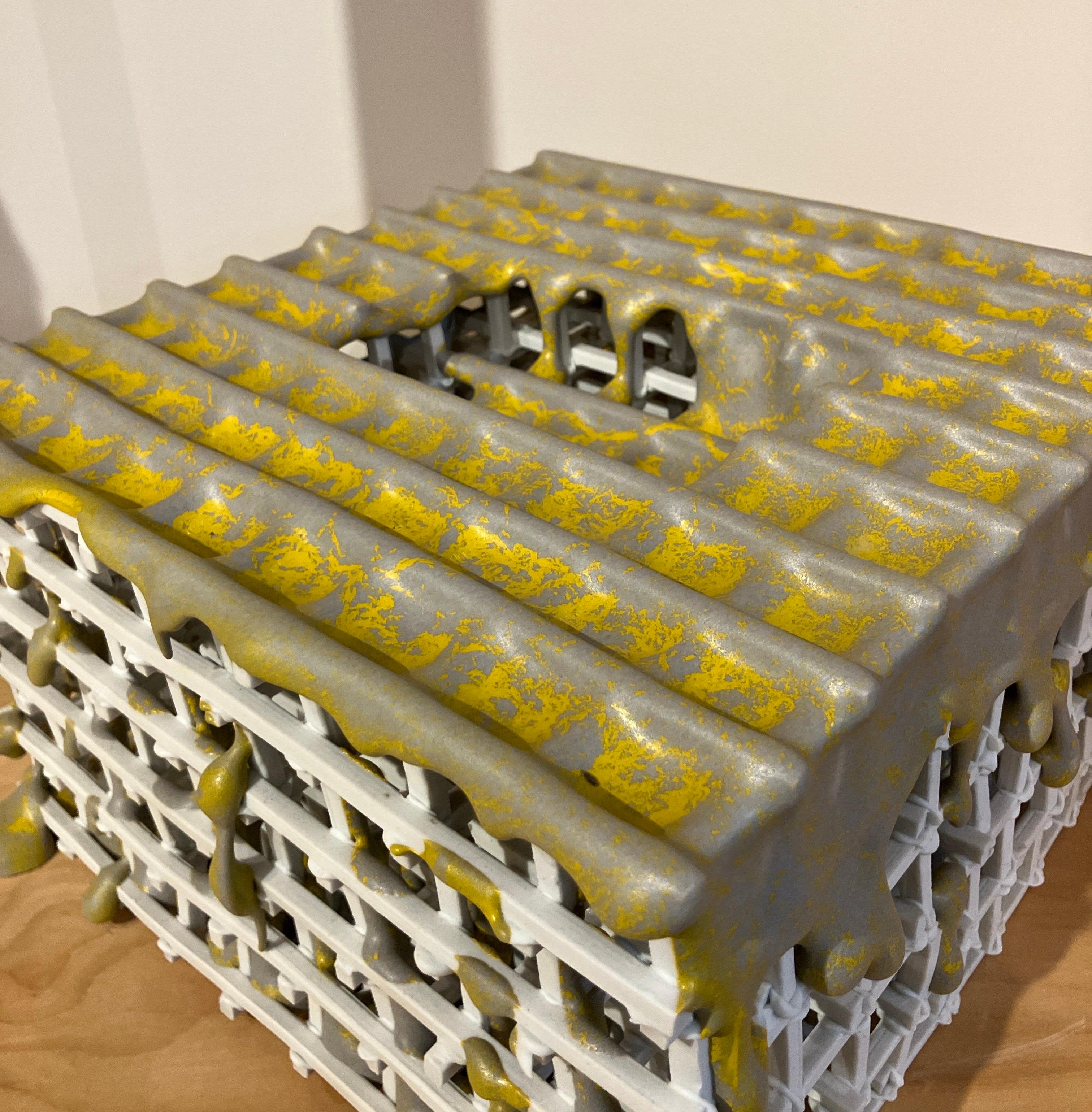 Contemporary Porcelain Sculpture, Glazed Ceramic, Architectural Design, Yellow For Sale 4