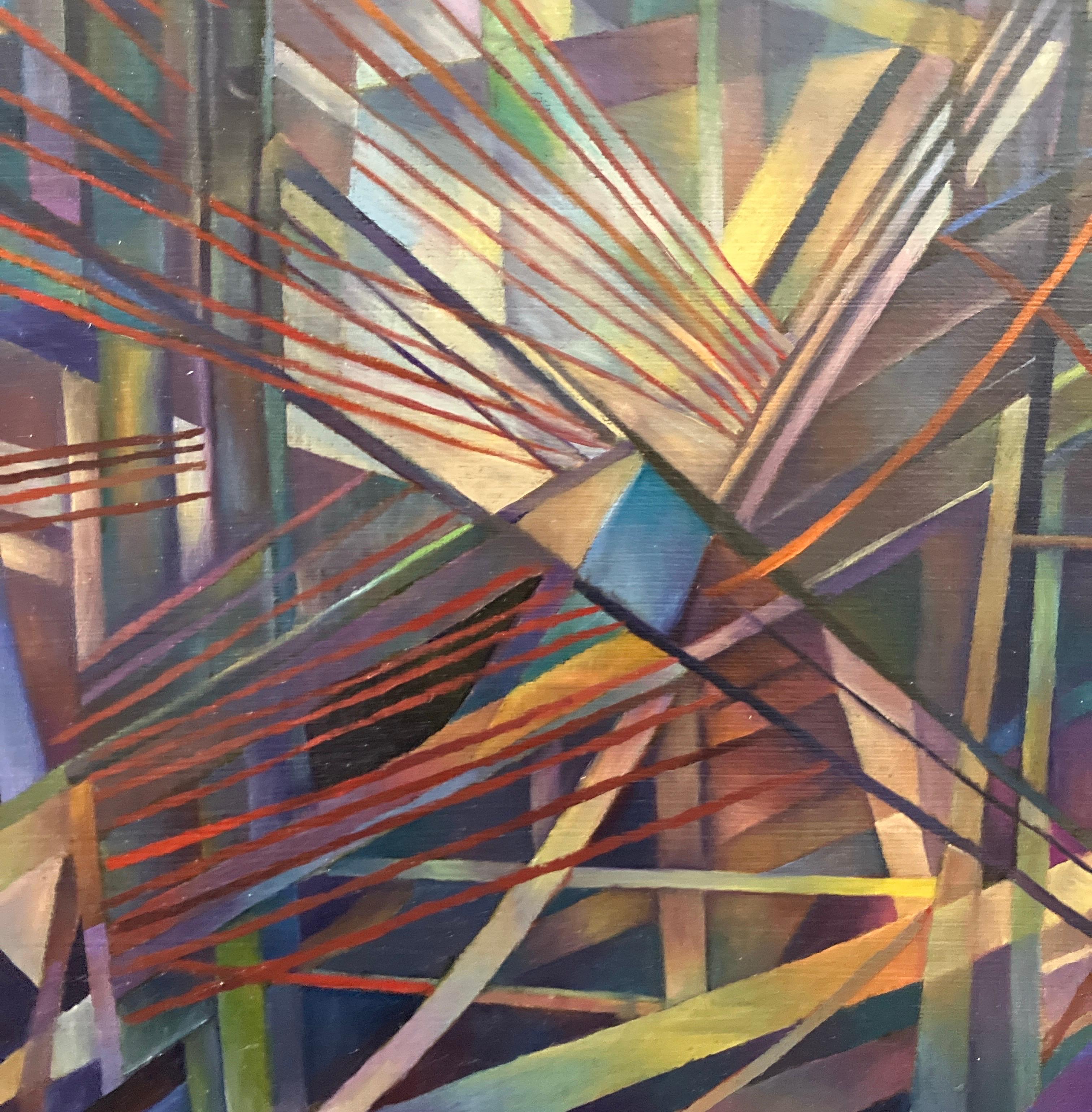 Rapid Exit de Nancy Newman Rice es un óleo abstracto que llama la atención por sus pinceladas nítidas y precisas y su audaz juego de colores. Las formas geométricas y las líneas nítidas crean una sorprendente sensación de movimiento, mientras que
