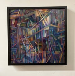 "City of Echos", Geometric Abstract Oil Painting on Canvas Mounted on Wood Panel