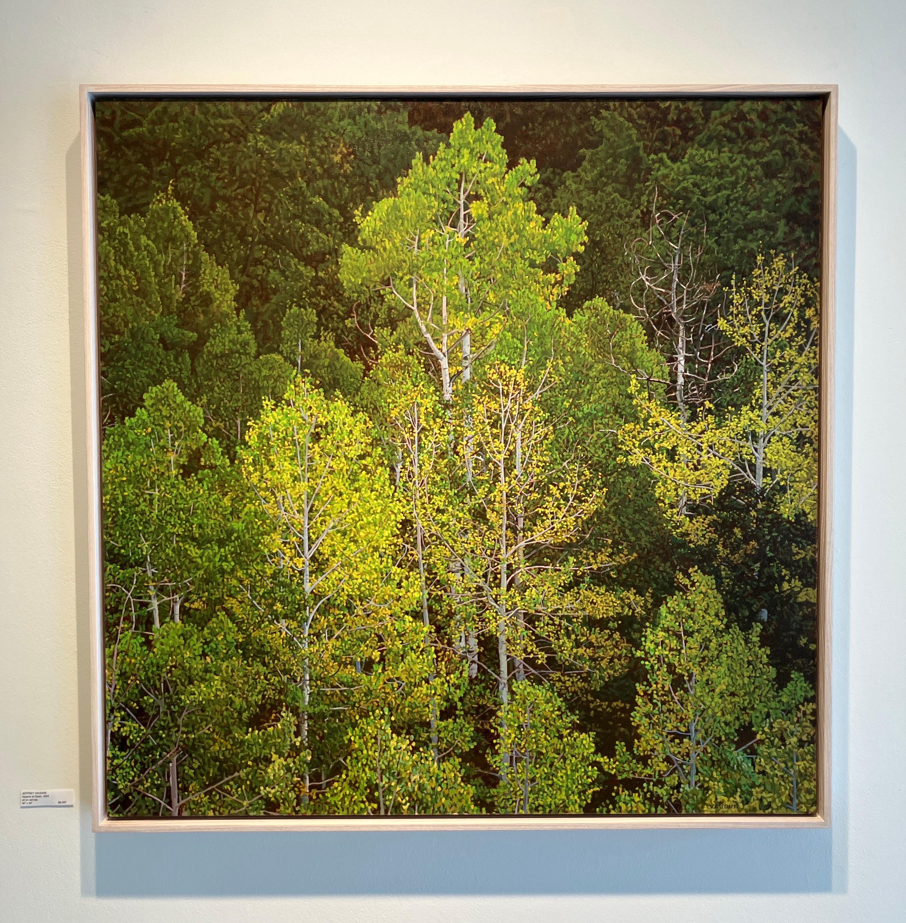 Photorealistic Oil Painting, Framed in Pine, Aspens at Dawn, Landscape, Trees For Sale 1