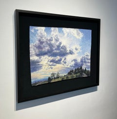 Ricamo fotorealistico, incorniciato, paesaggio, grande cielo, nuvole, alberi, fibra d'arte