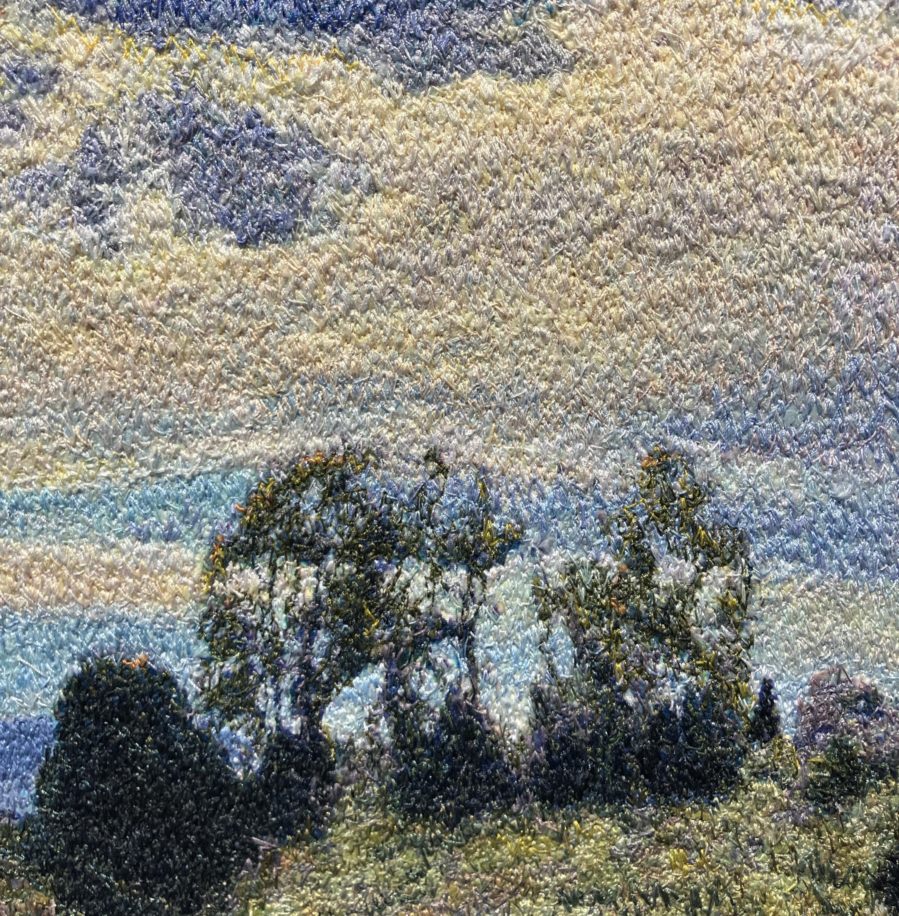 Photorealistic Embroidery, Framed, Landscape, Big Sky, Clouds, Trees, Fiber Art - Contemporary Painting by Carol Shinn