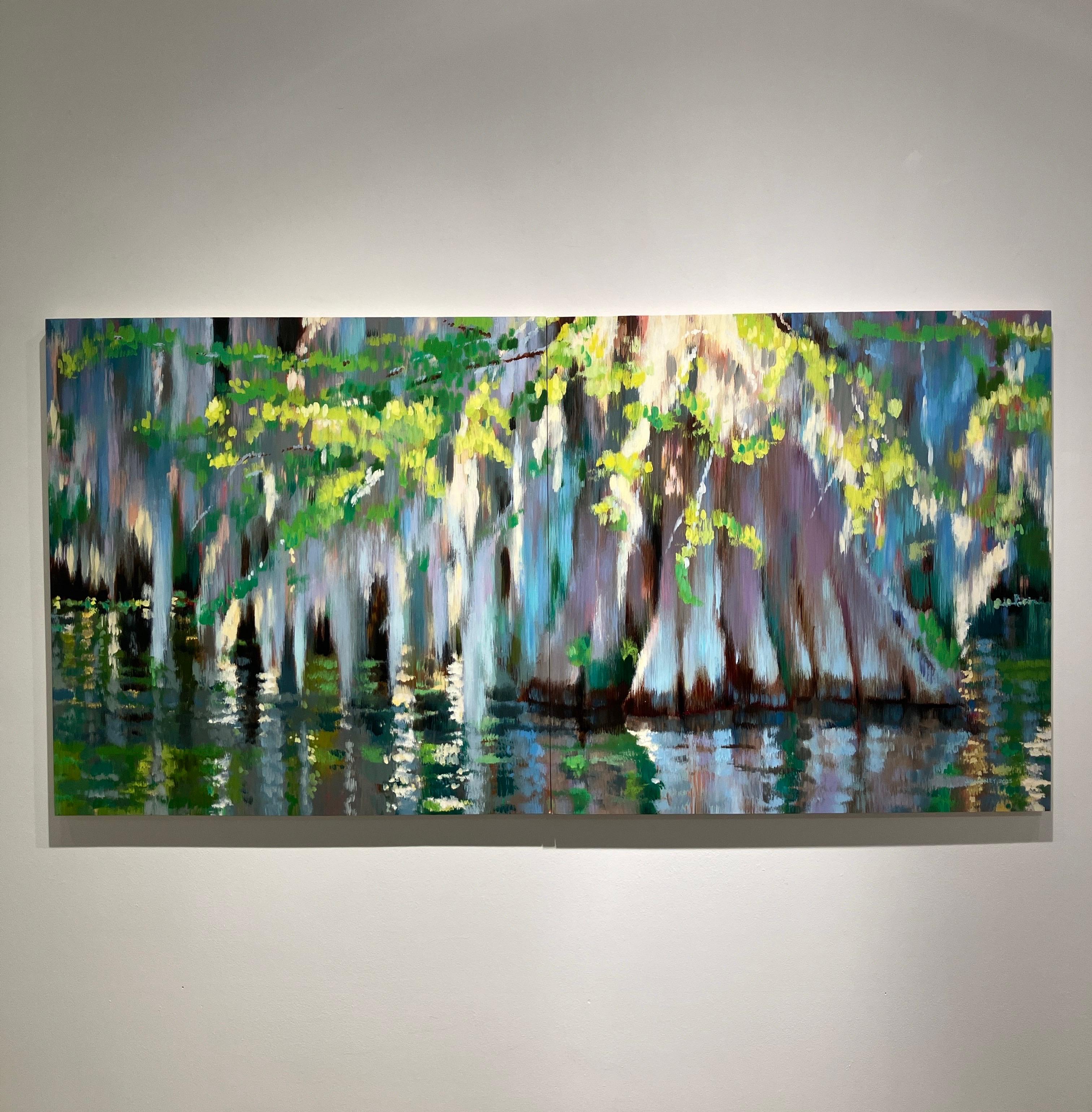 Impressionist Style Landscape Painting, Diptych, Swamp, Water, Oil on Panel For Sale 1