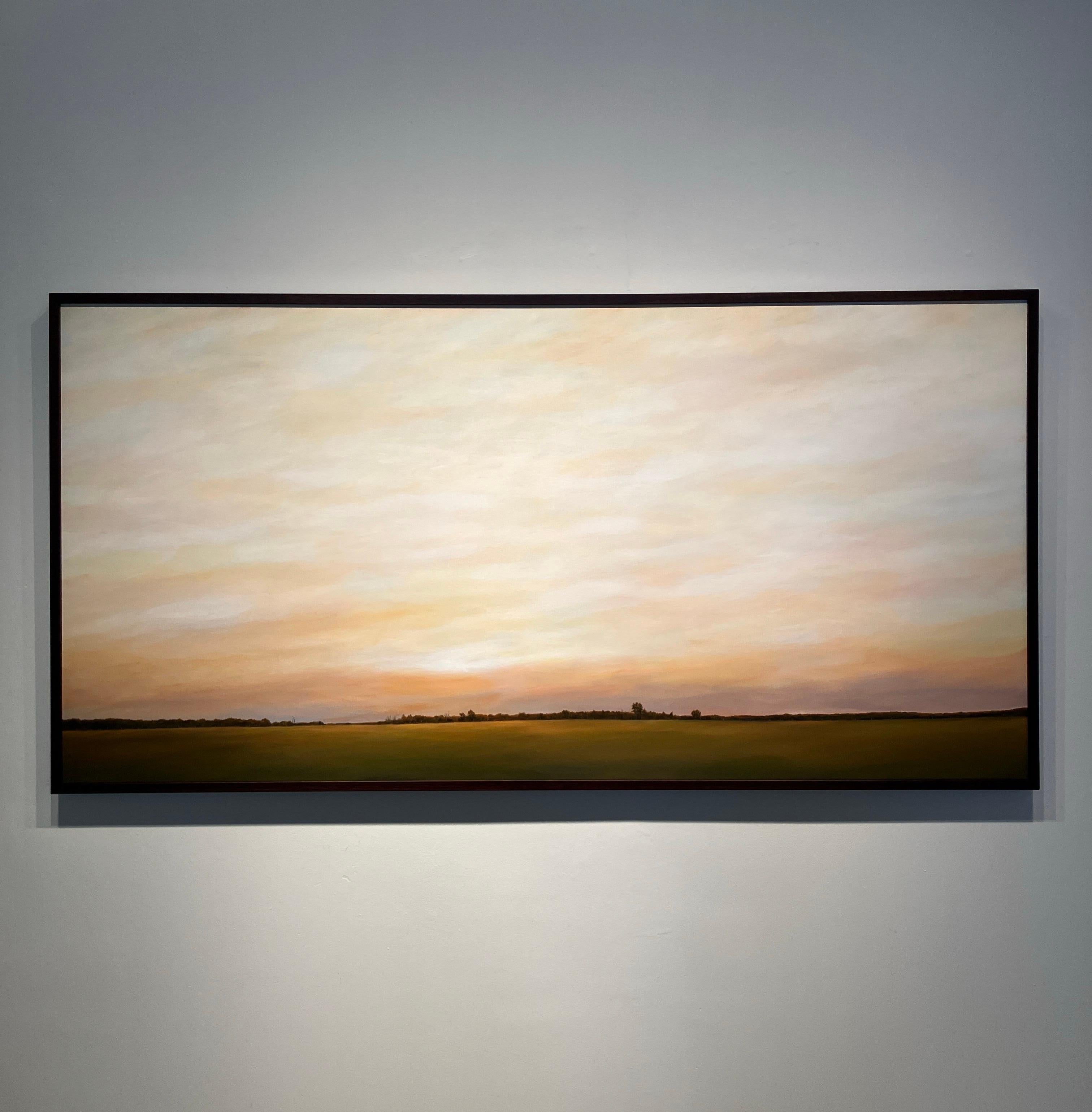 Wide Horizontal Landscape Painting, Framed in Walnut, Acrylic Paint on Panel For Sale 1