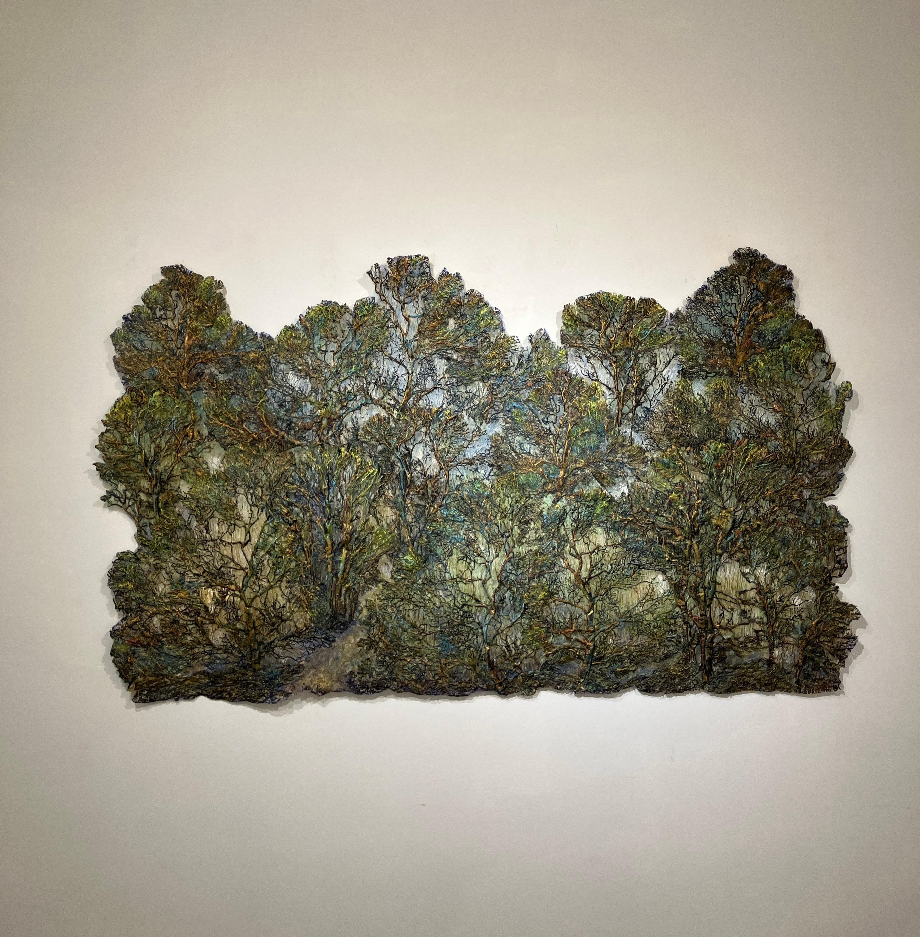 Green Gold Forest by Lesley Richmond, 2019, mixed media wall hanging, silk fiber For Sale 1