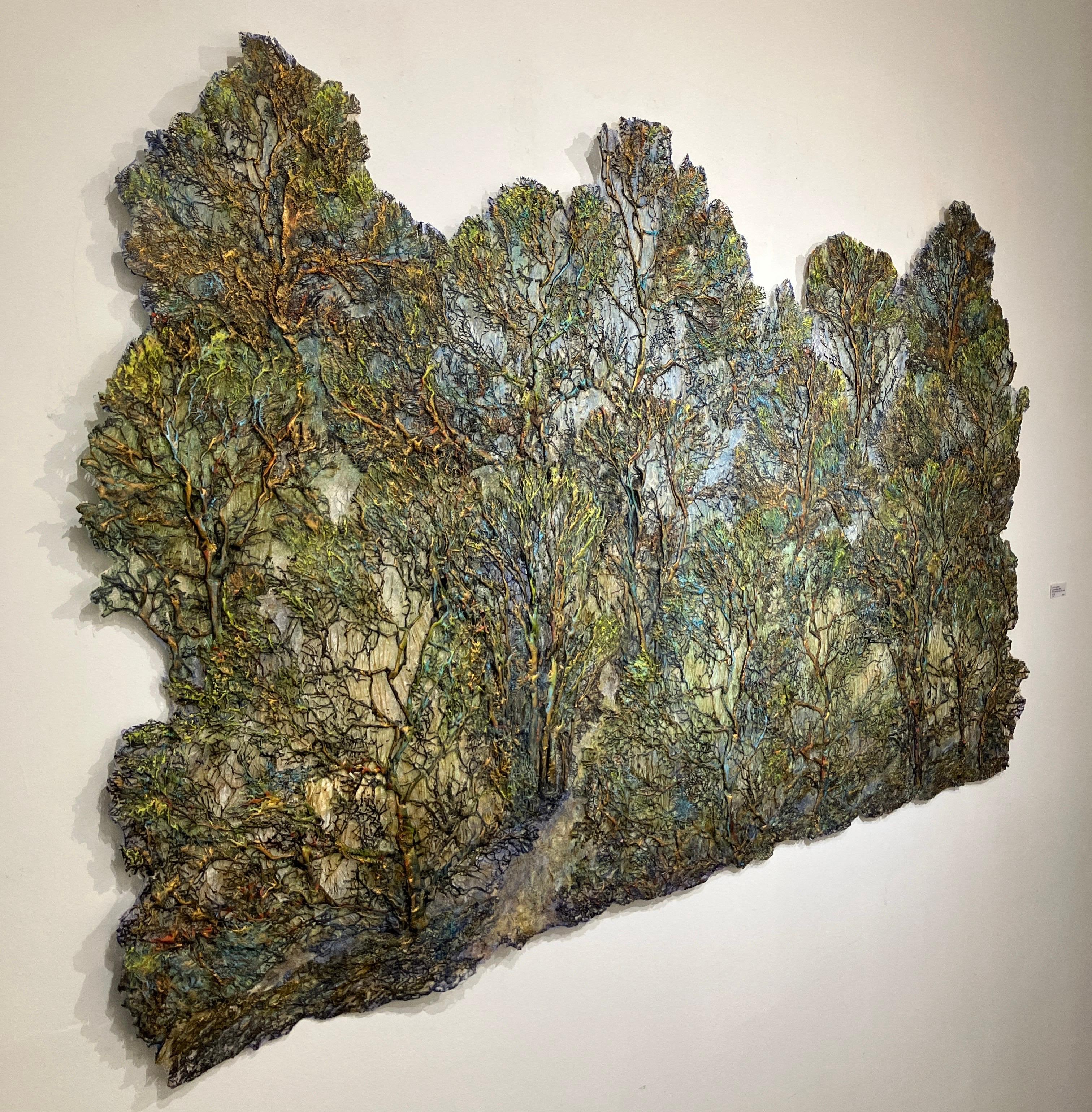 Green Gold Forest by Lesley Richmond, 2019, mixed media wall hanging, silk fiber For Sale 2