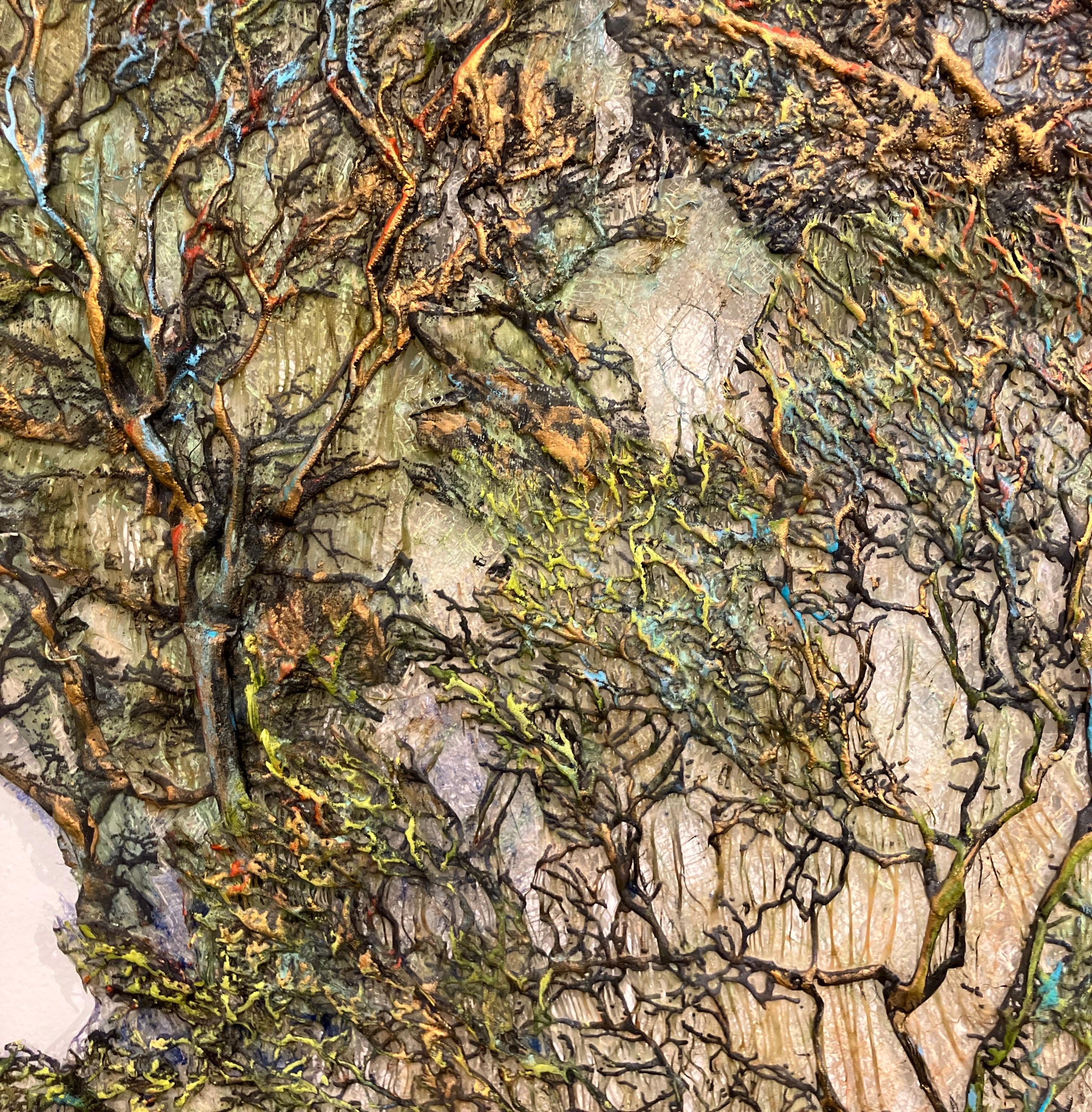 Green Gold Forest by Lesley Richmond, 2019, mixed media wall hanging, silk fiber For Sale 3