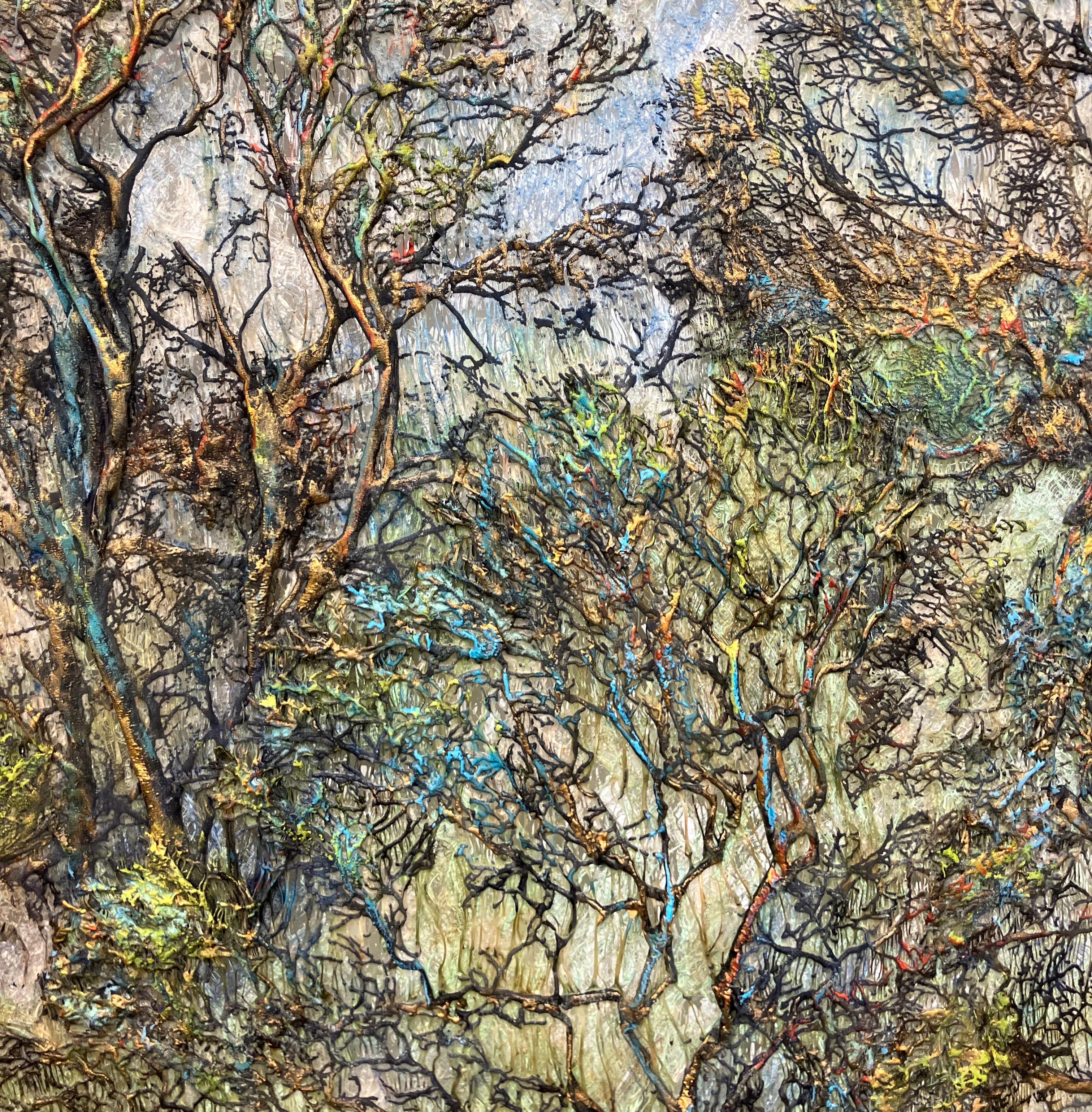 Green Gold Forest by Lesley Richmond, 2019, mixed media wall hanging, silk fiber For Sale 4
