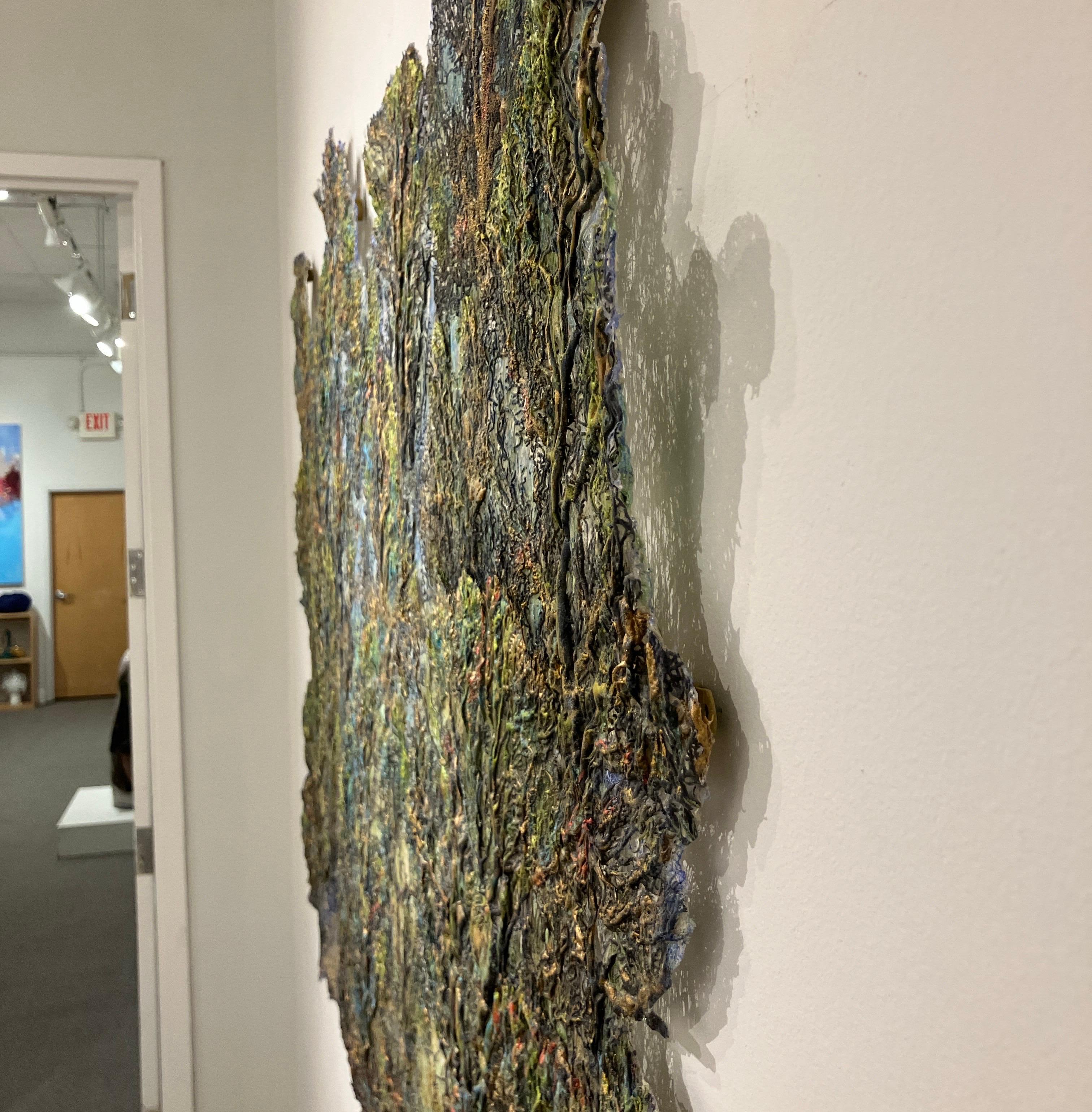 Green Gold Forest by Lesley Richmond, 2019, mixed media wall hanging, silk fiber For Sale 5