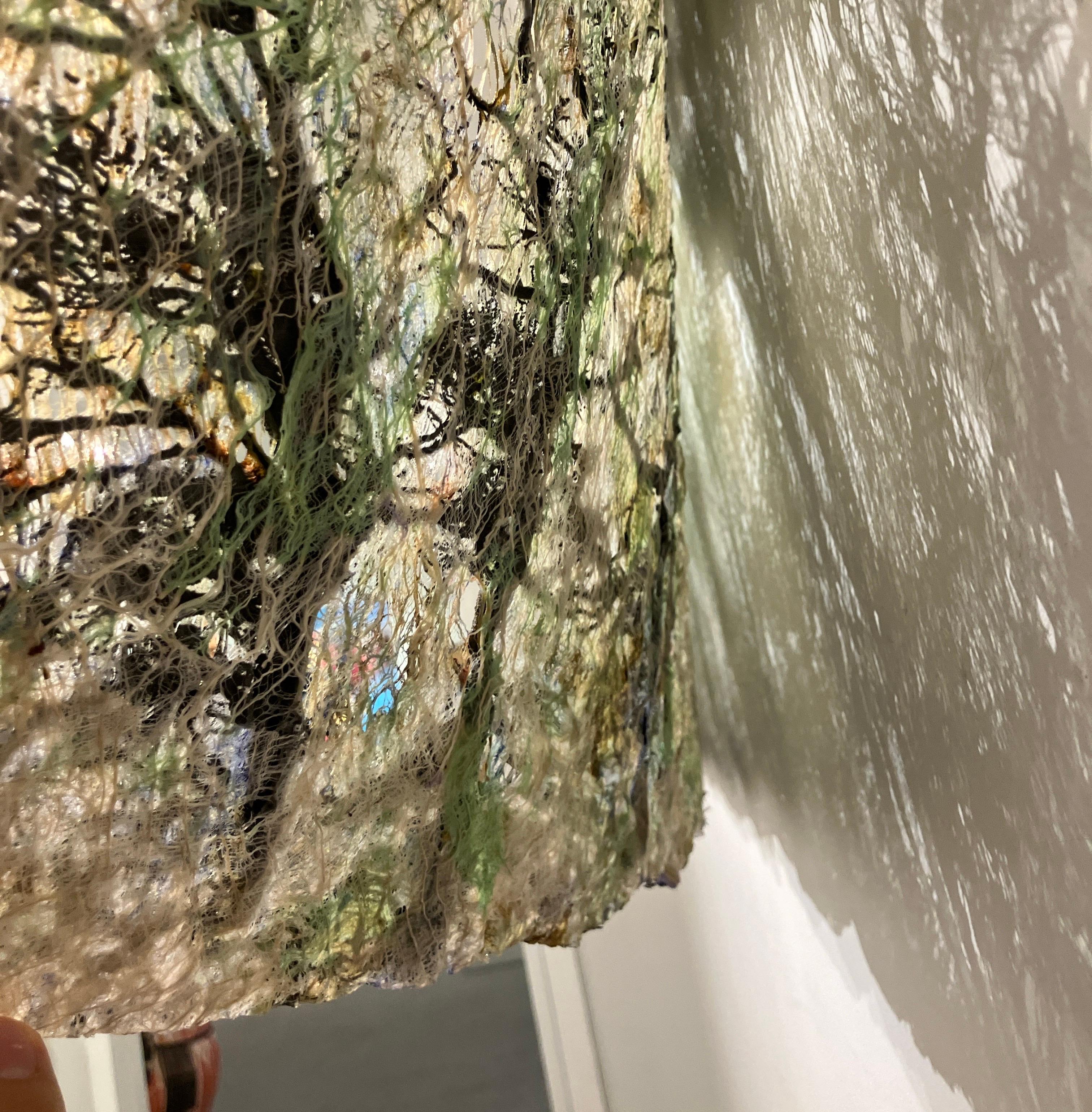 Green Gold Forest by Lesley Richmond, 2019, mixed media wall hanging, silk fiber For Sale 6