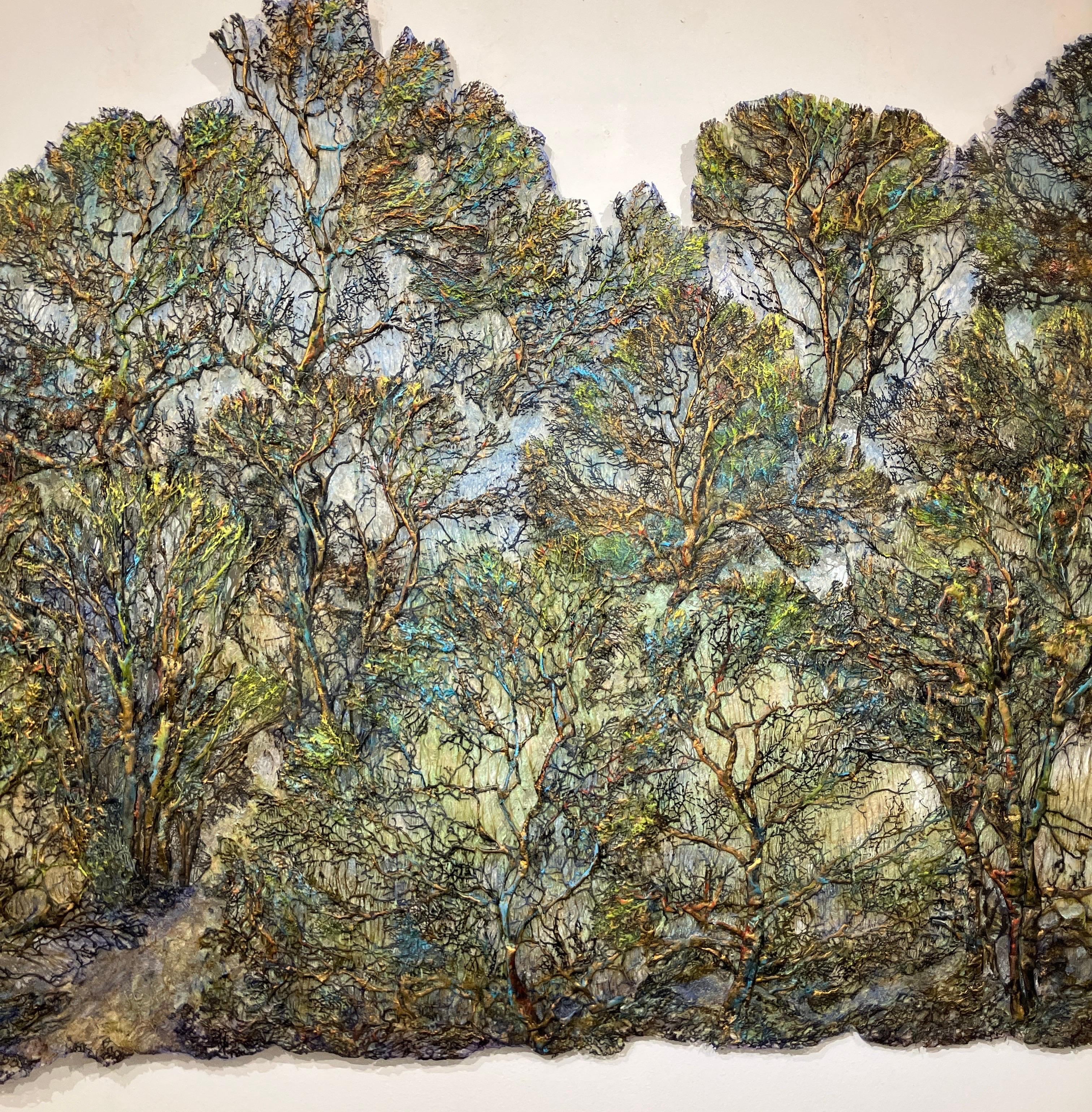 Green Gold Forest by Lesley Richmond, 2019, mixed media wall hanging, silk fiber For Sale 7