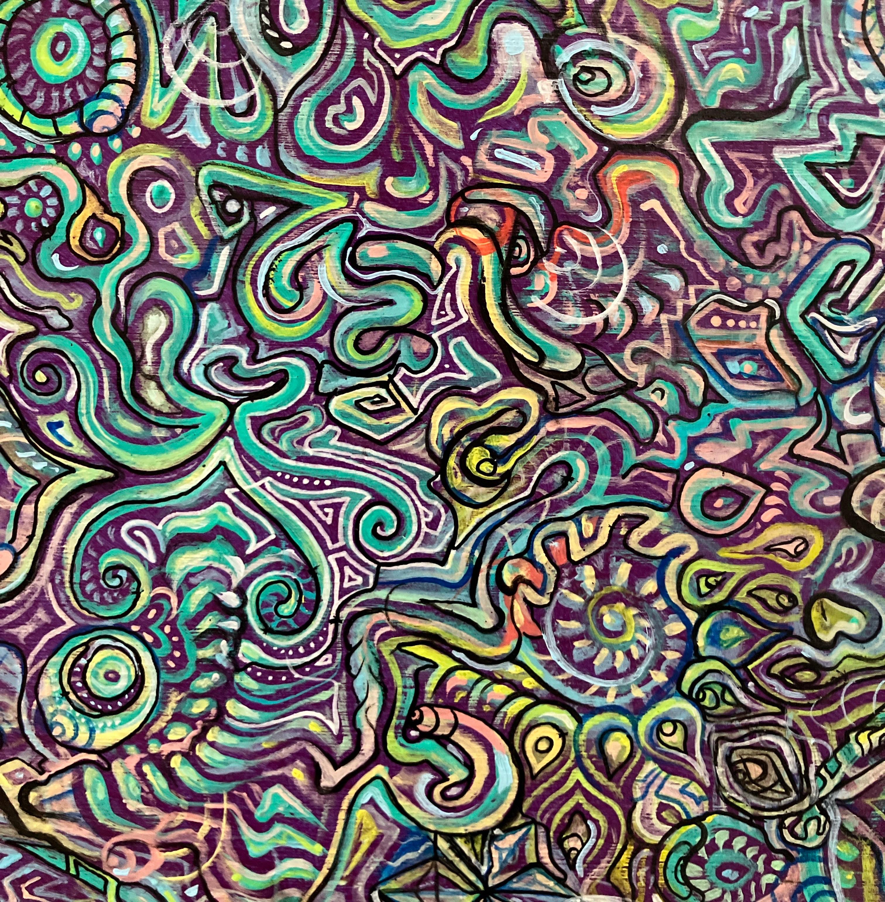 Sleep Drifter d'Ethan Meyer est une peinture acrylique abstraite sur bois qui explore l'interaction délicate entre le calme et la turbulence. Le format circulaire du tondo renforce sa fluidité et son caractère onirique, invitant les spectateurs à un