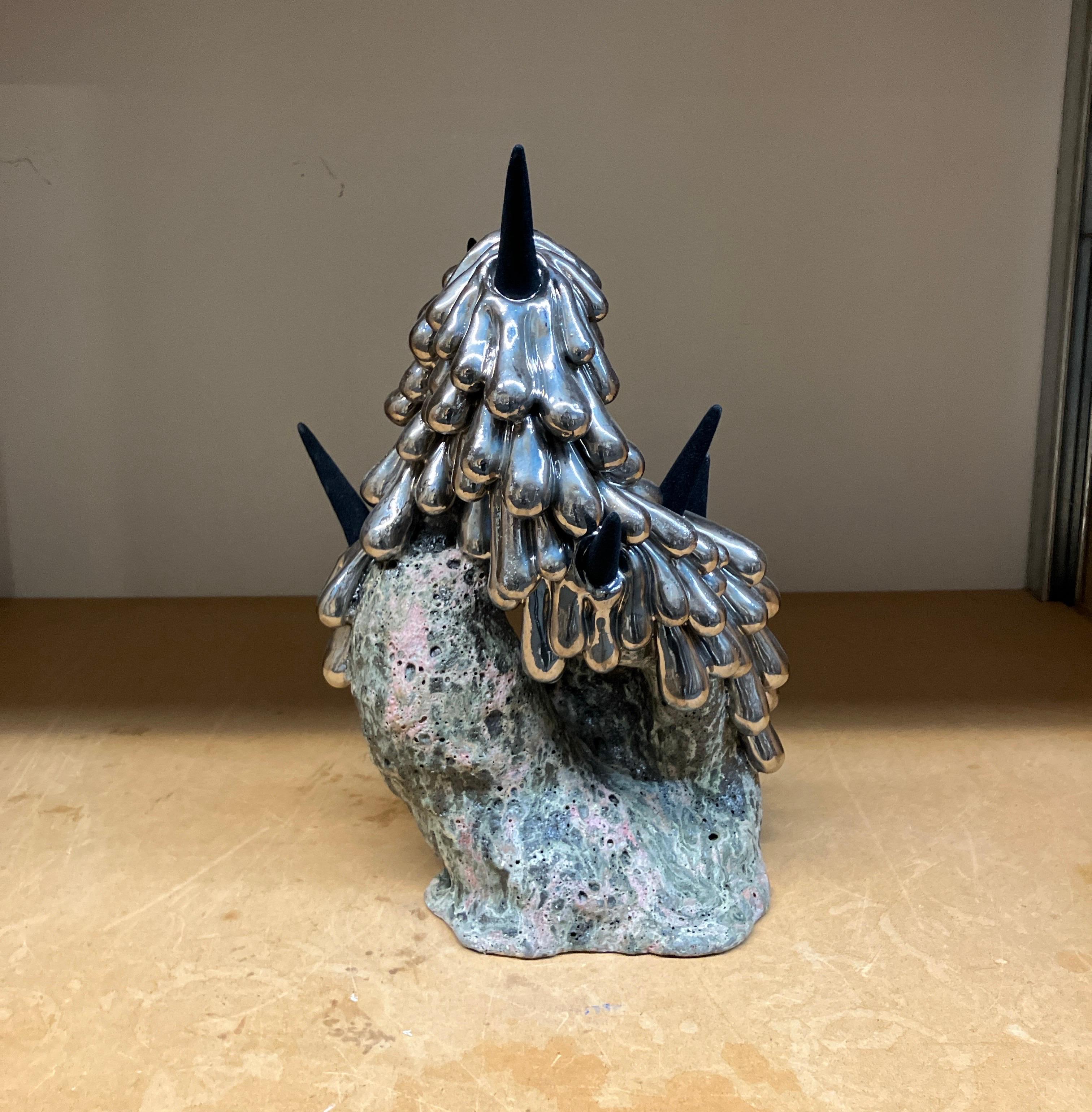 	“My work reflects on experiences of transformation, alchemy and the sublime, manifesting in sculptures that undulate between soft and hard, alive and static, real and imagined. These works shape-shift, oscillating between abstraction, flora, fauna