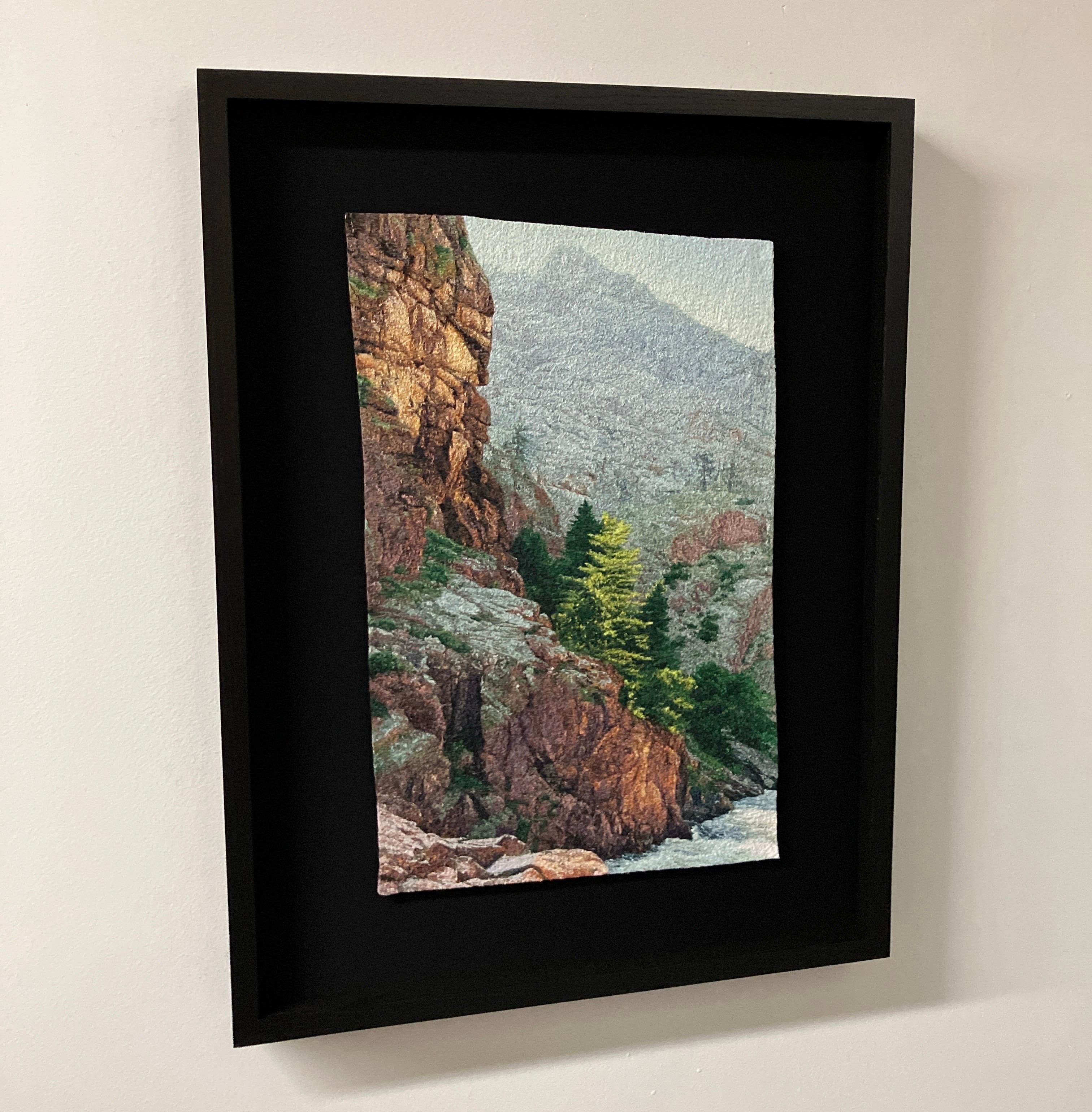 Cliff by the River by Carol Shinn, 2024, Framed Photorealistic Embroidery Thread