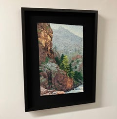 Cliff by the River by Carol Shinn, 2024, Framed Photorealistic Embroidery Thread