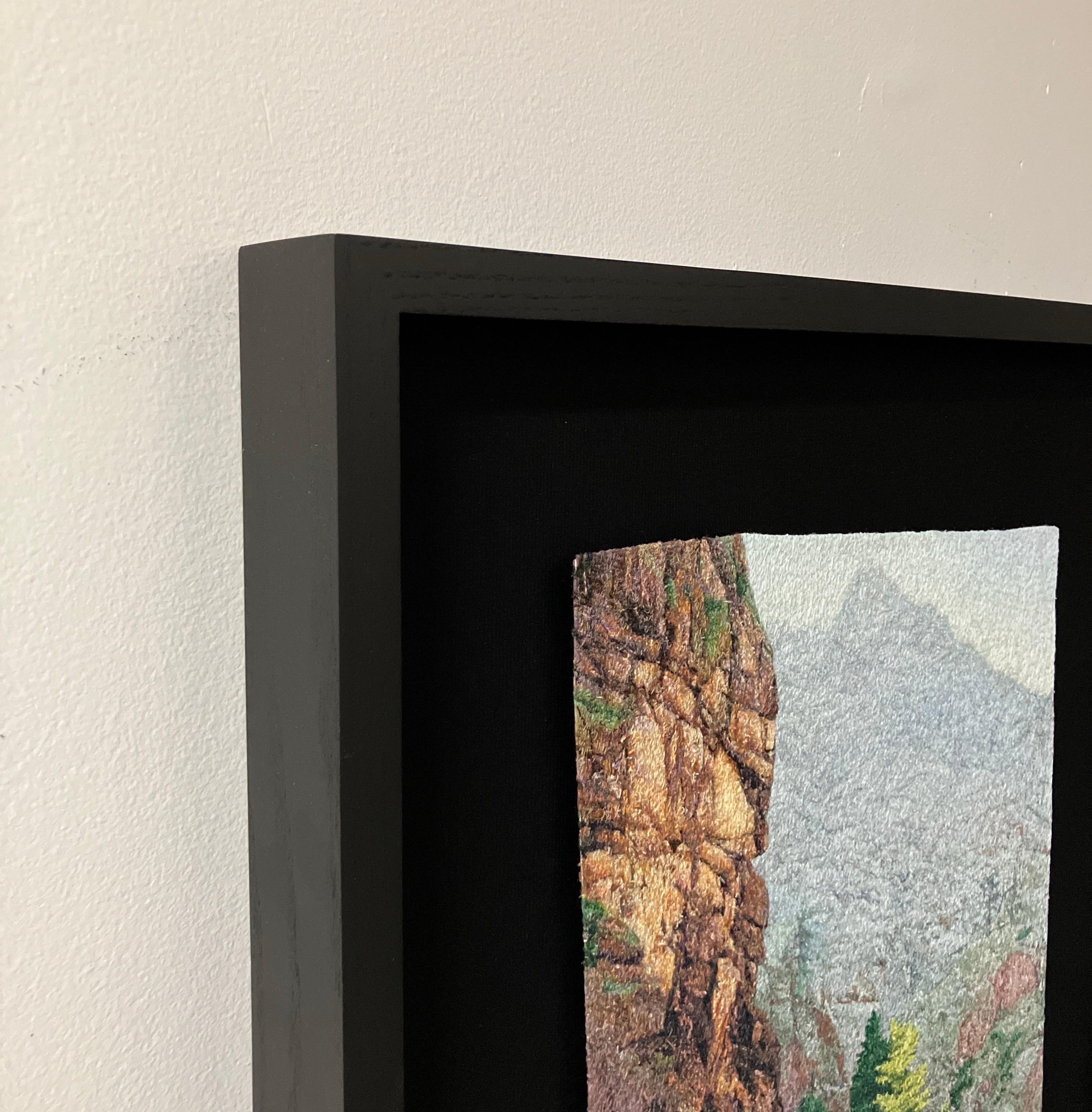 Cliff by the River by Carol Shinn, 2024, Framed Photorealistic Embroidery Thread For Sale 4