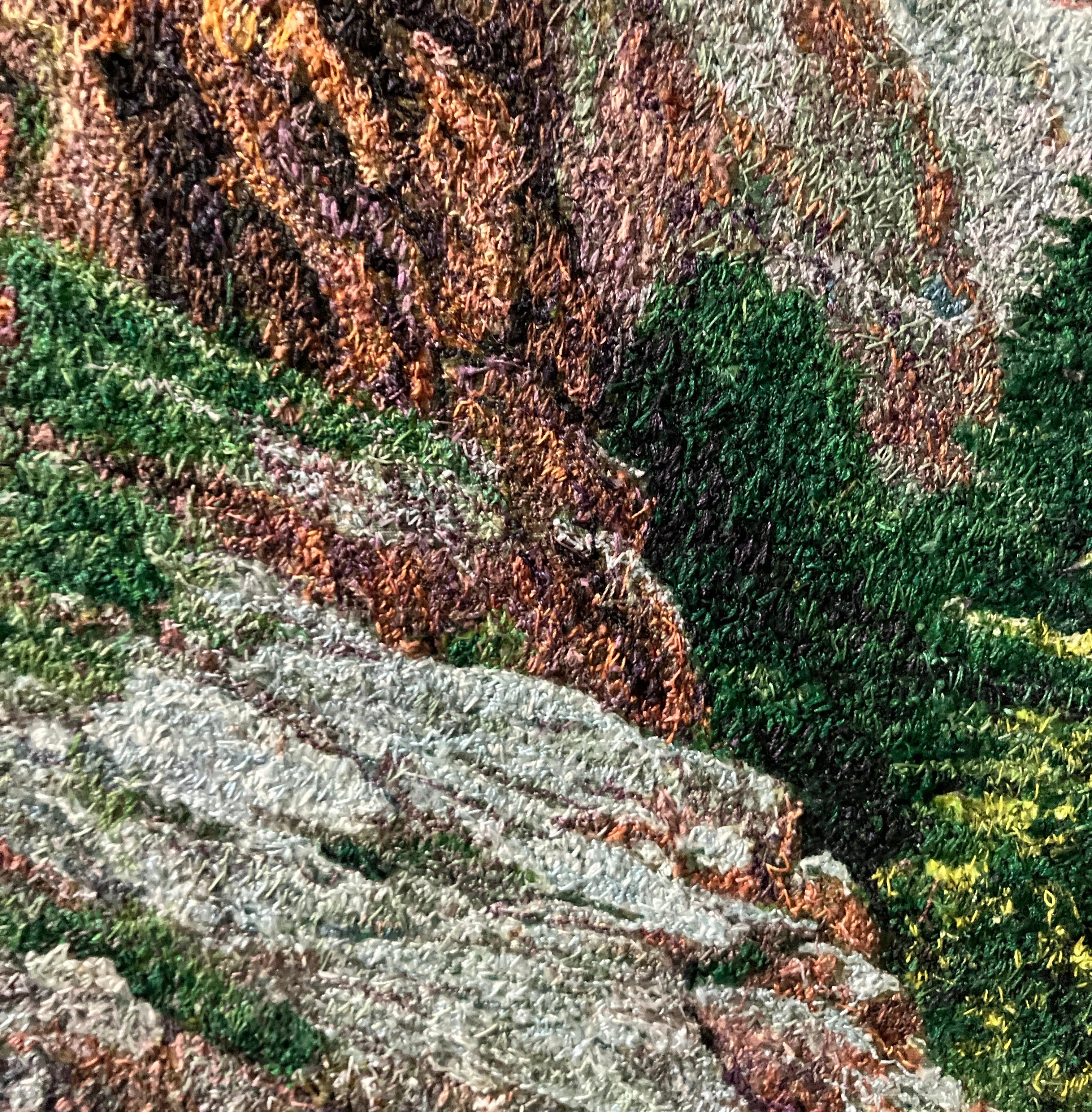 Cliff by the River by Carol Shinn, 2024, Framed Photorealistic Embroidery Thread For Sale 5