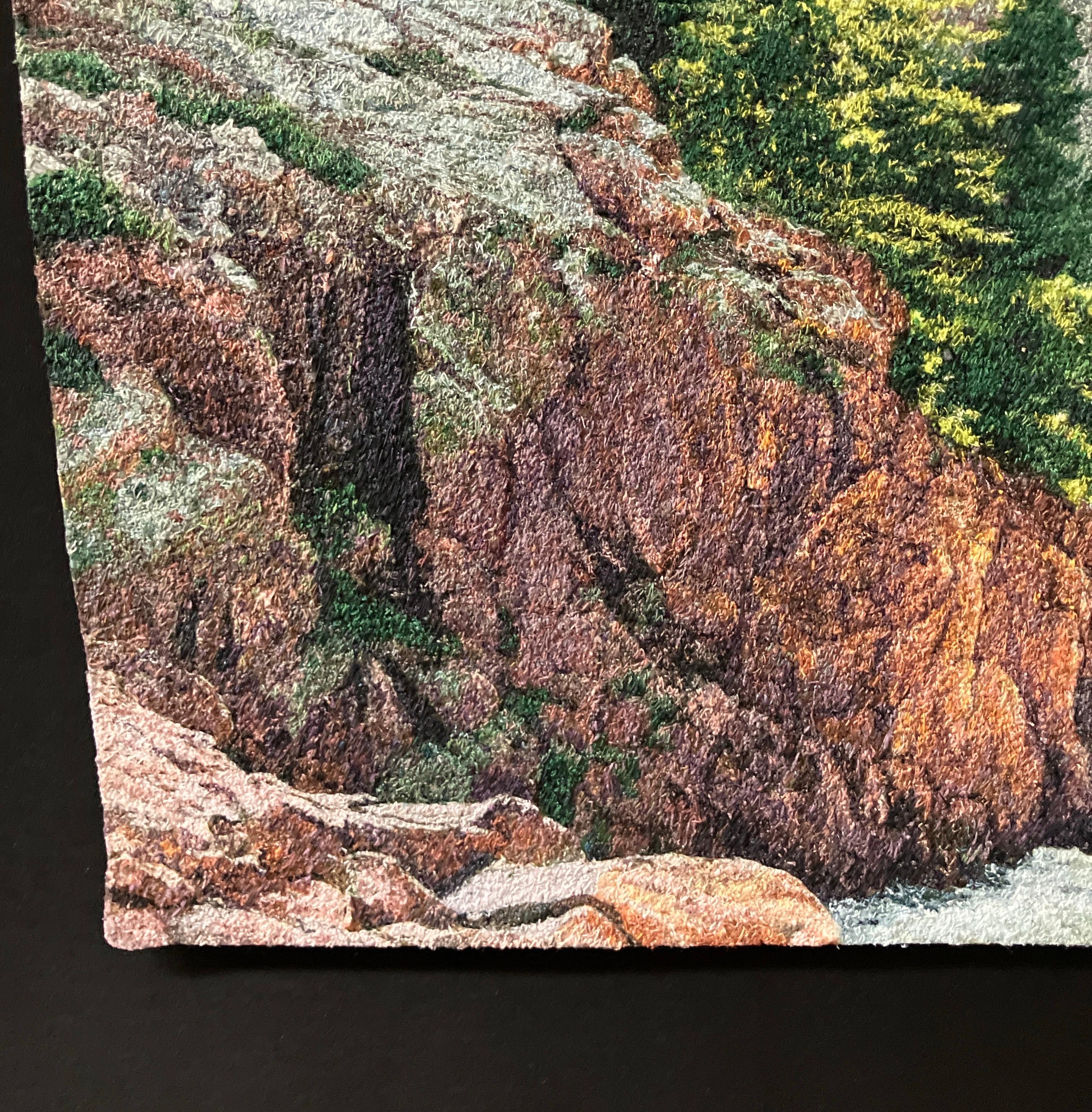 Cliff by the River by Carol Shinn, 2024, Framed Photorealistic Embroidery Thread For Sale 8