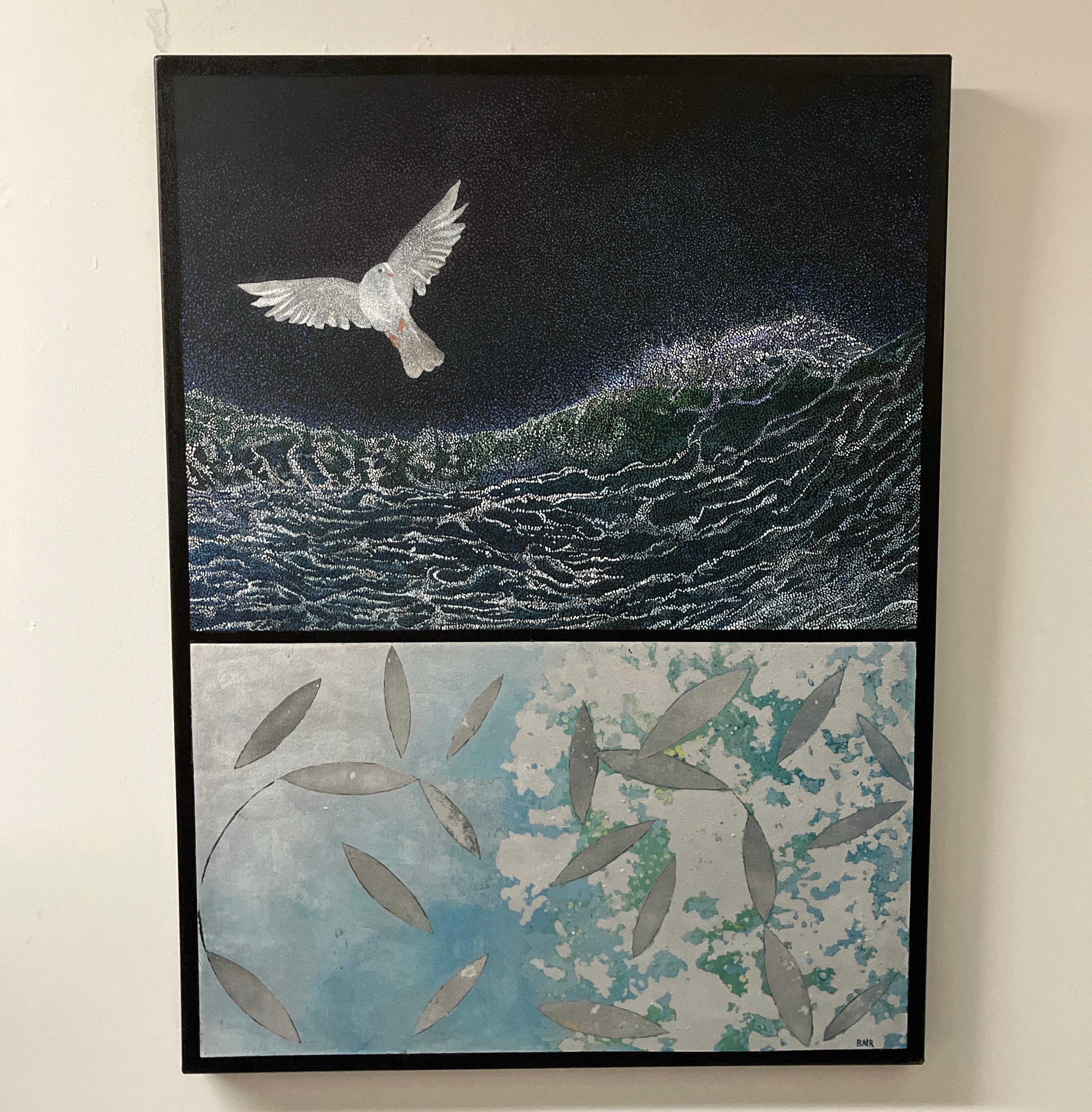 „On the Wings“, Pointillismus, Ölgemälde auf Leinwand, Blattsilberverzierung, Blattsilberverzierung – Painting von Miles Bair