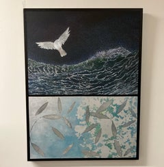 "On the Wings", Pointillism Oil Painting on Canvas, Silver Leaf Embellishment