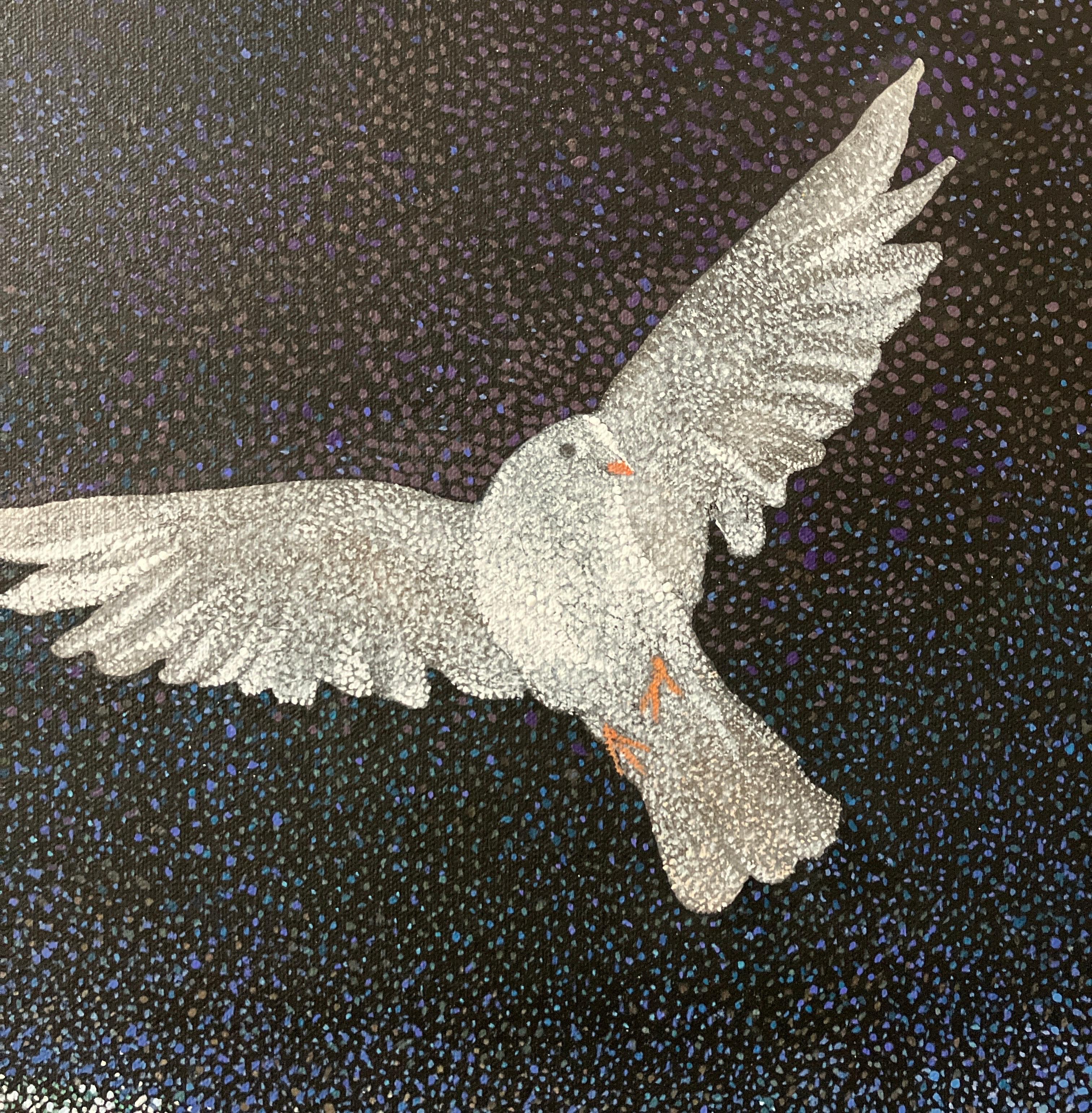 „On the Wings“, Pointillismus, Ölgemälde auf Leinwand, Blattsilberverzierung, Blattsilberverzierung (Zeitgenössisch), Painting, von Miles Bair