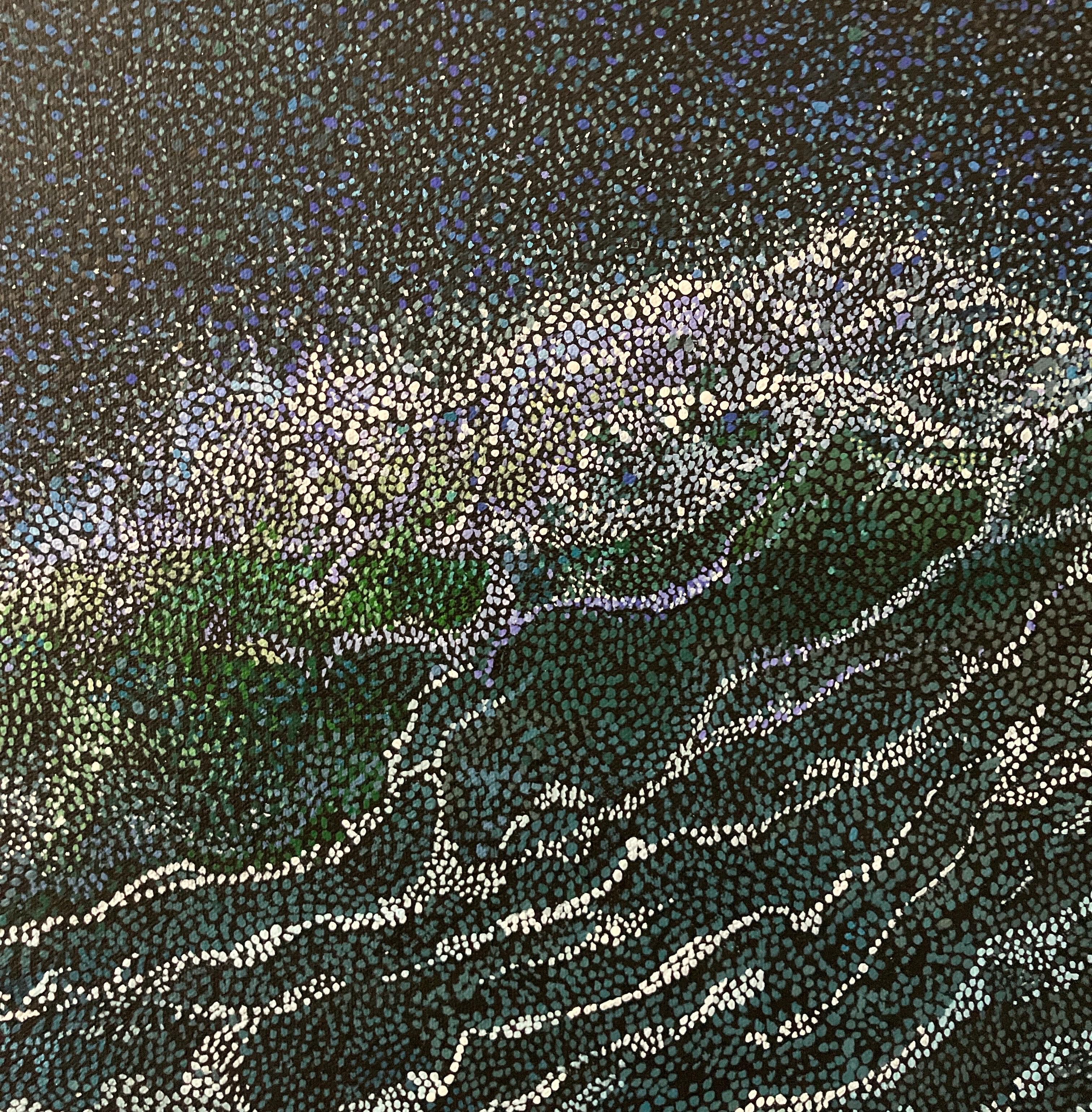 „On the Wings“, Pointillismus, Ölgemälde auf Leinwand, Blattsilberverzierung, Blattsilberverzierung (Silber), Landscape Painting, von Miles Bair
