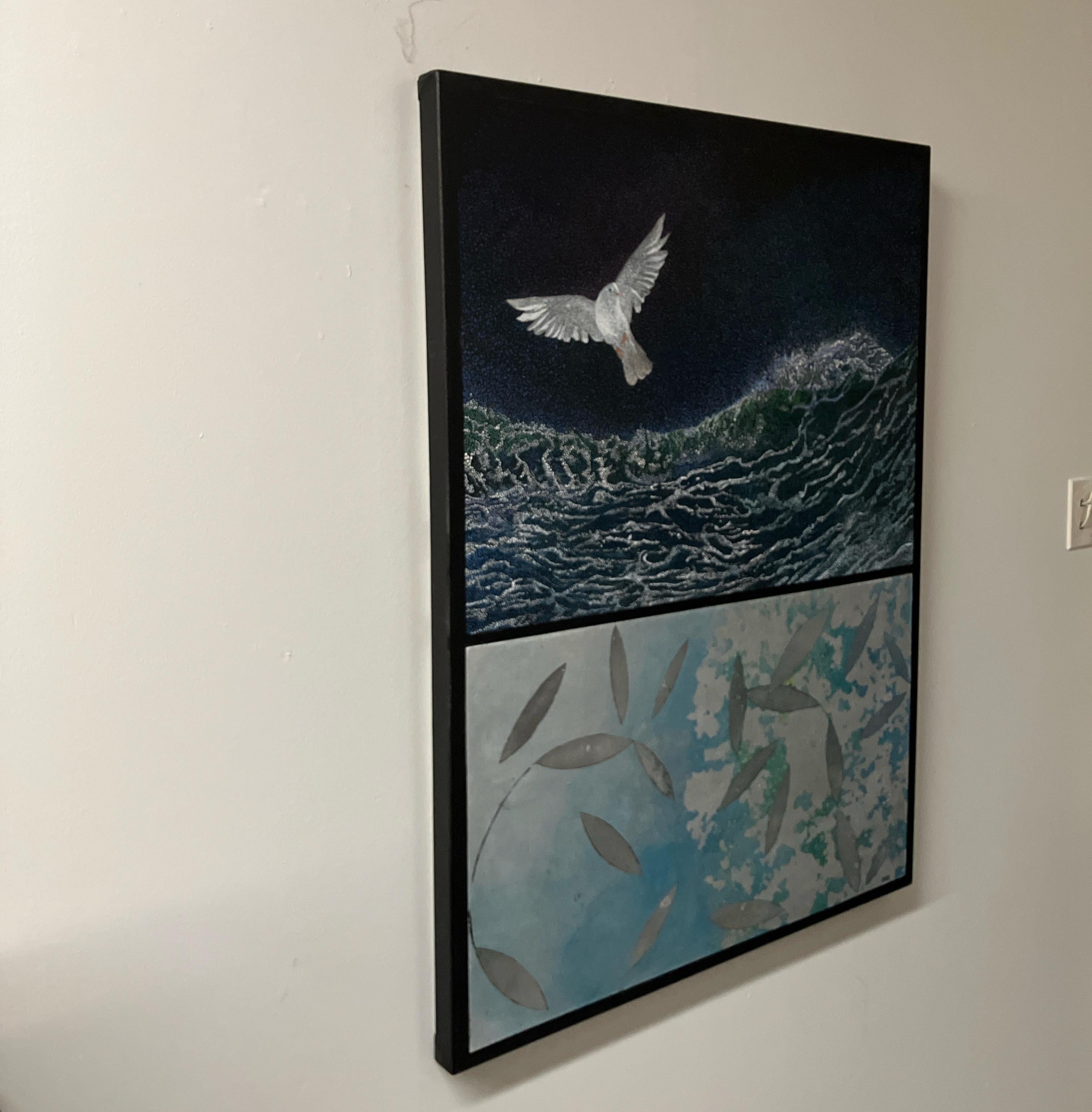 „On the Wings“, Pointillismus, Ölgemälde auf Leinwand, Blattsilberverzierung, Blattsilberverzierung im Angebot 2