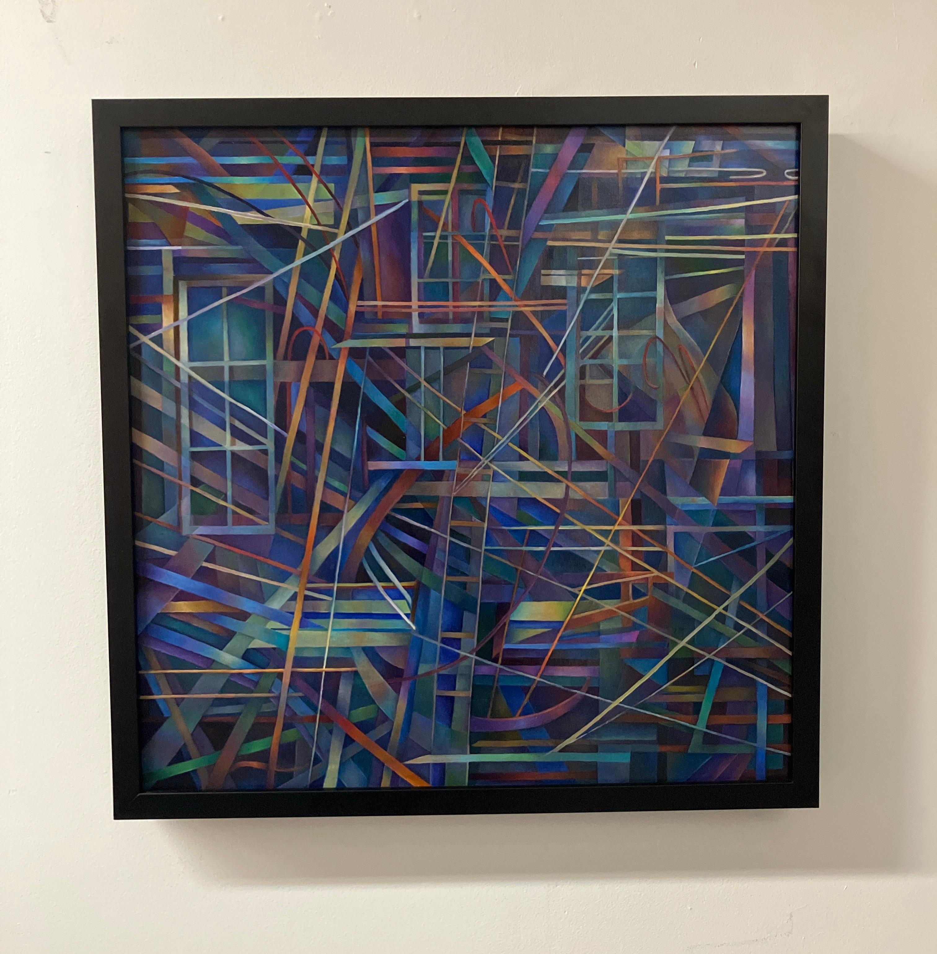 „Blue 1“, Abstraktes Ölgemälde auf Tafel, gerahmt, dunkle Farben, geometrisch �– Painting von Nancy Newman Rice