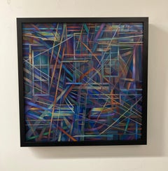"Blue 1", Abstract Oil Painting on Panel, Framed, Dark Colors, Geometric