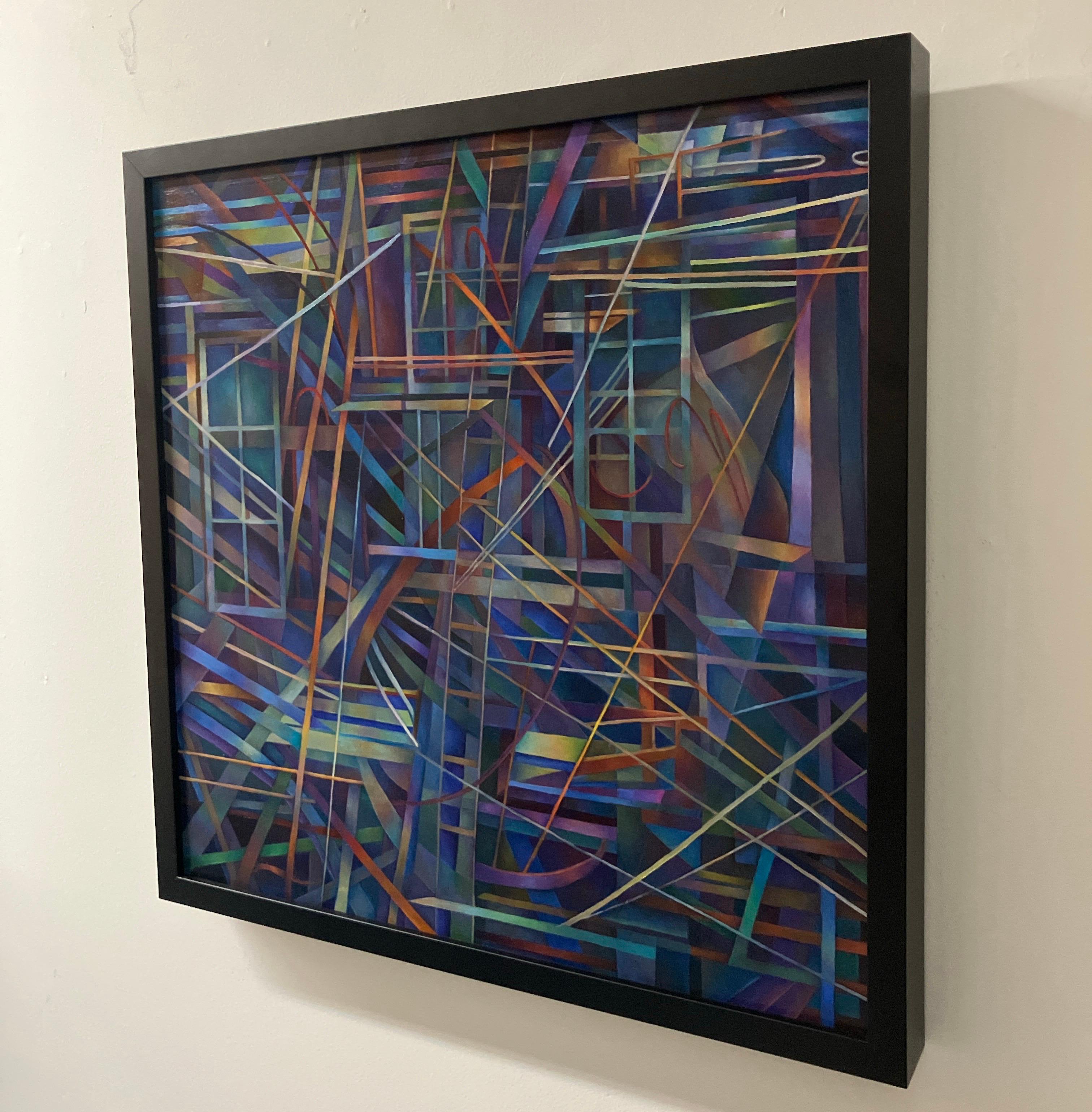 „Blue 1“, Abstraktes Ölgemälde auf Tafel, gerahmt, dunkle Farben, geometrisch (Zeitgenössisch), Painting, von Nancy Newman Rice