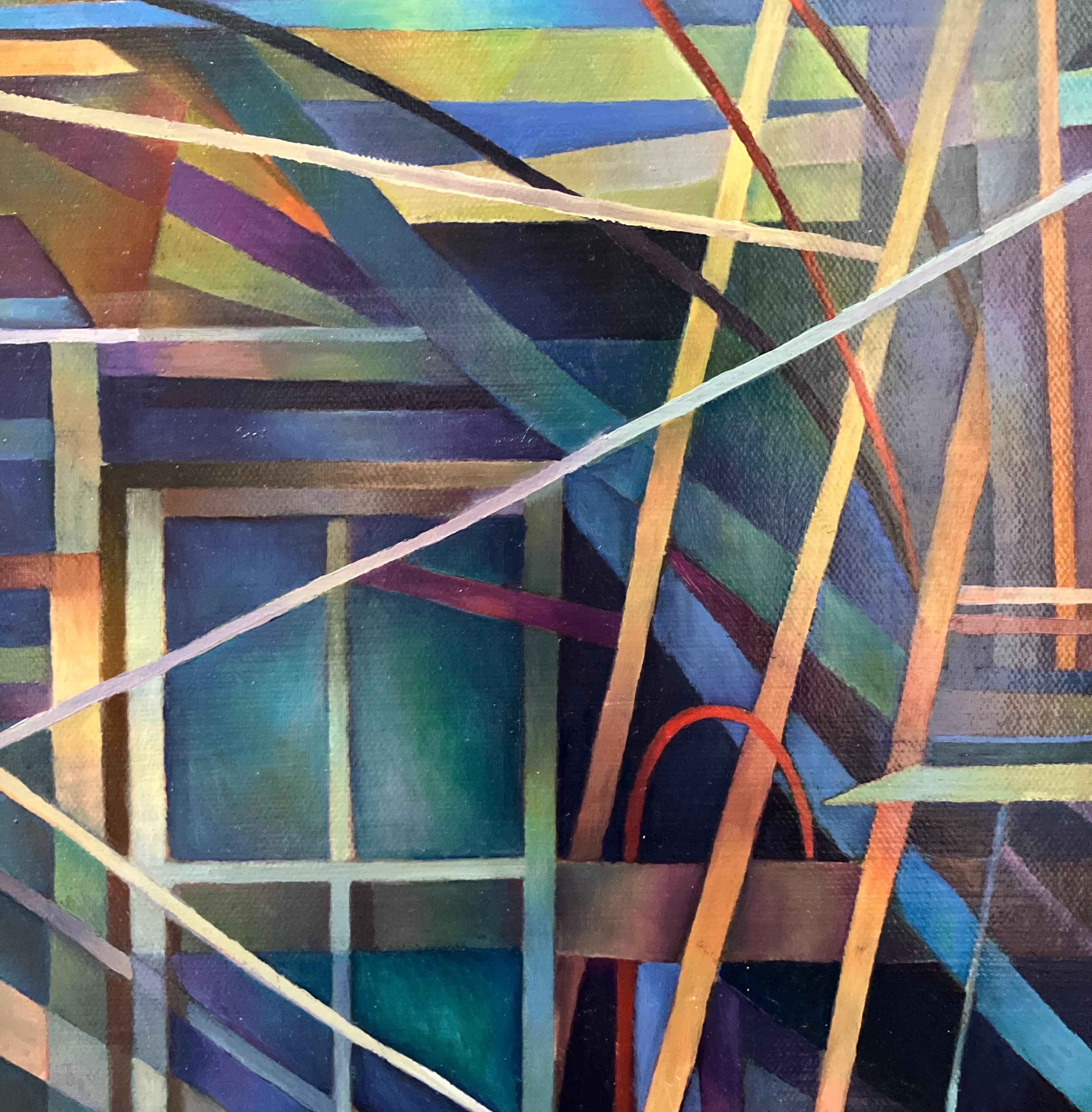 „Blue 1“, Abstraktes Ölgemälde auf Tafel, gerahmt, dunkle Farben, geometrisch (Schwarz), Abstract Painting, von Nancy Newman Rice