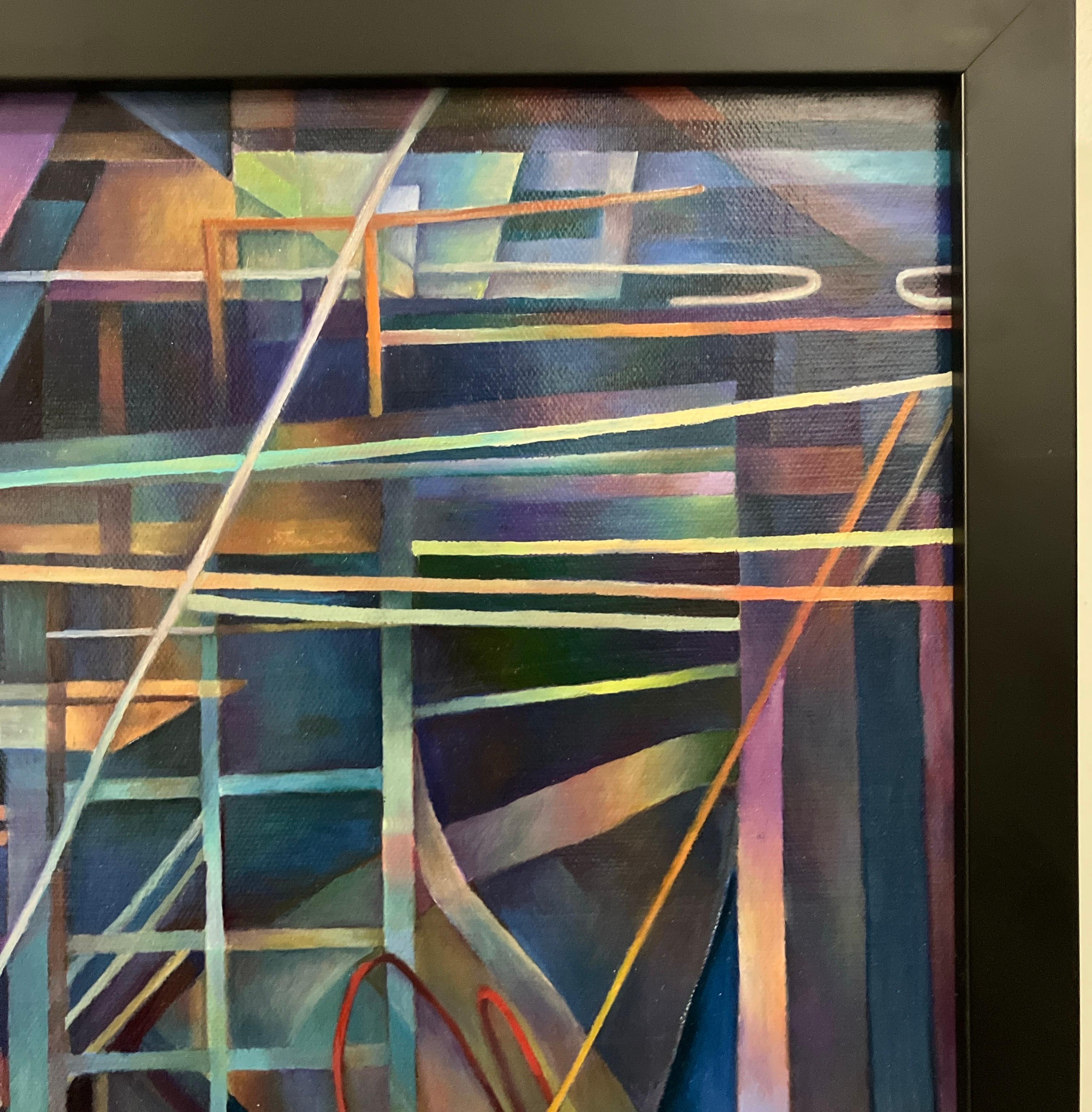 „Blue 1“, Abstraktes Ölgemälde auf Tafel, gerahmt, dunkle Farben, geometrisch im Angebot 1