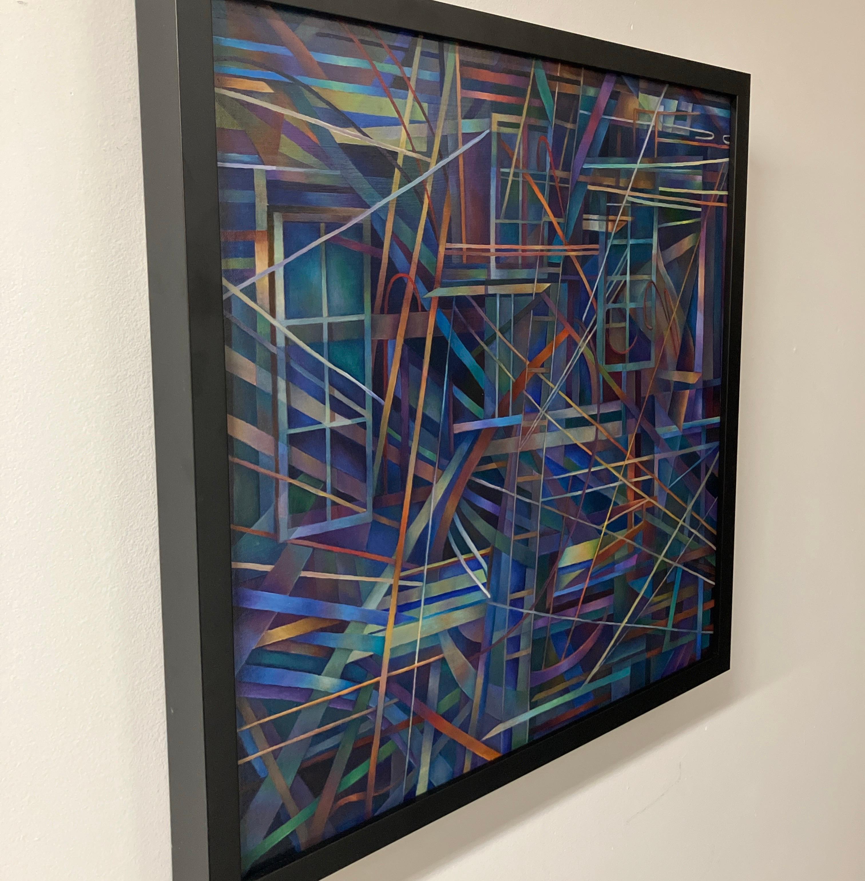 „Blue 1“, Abstraktes Ölgemälde auf Tafel, gerahmt, dunkle Farben, geometrisch im Angebot 2